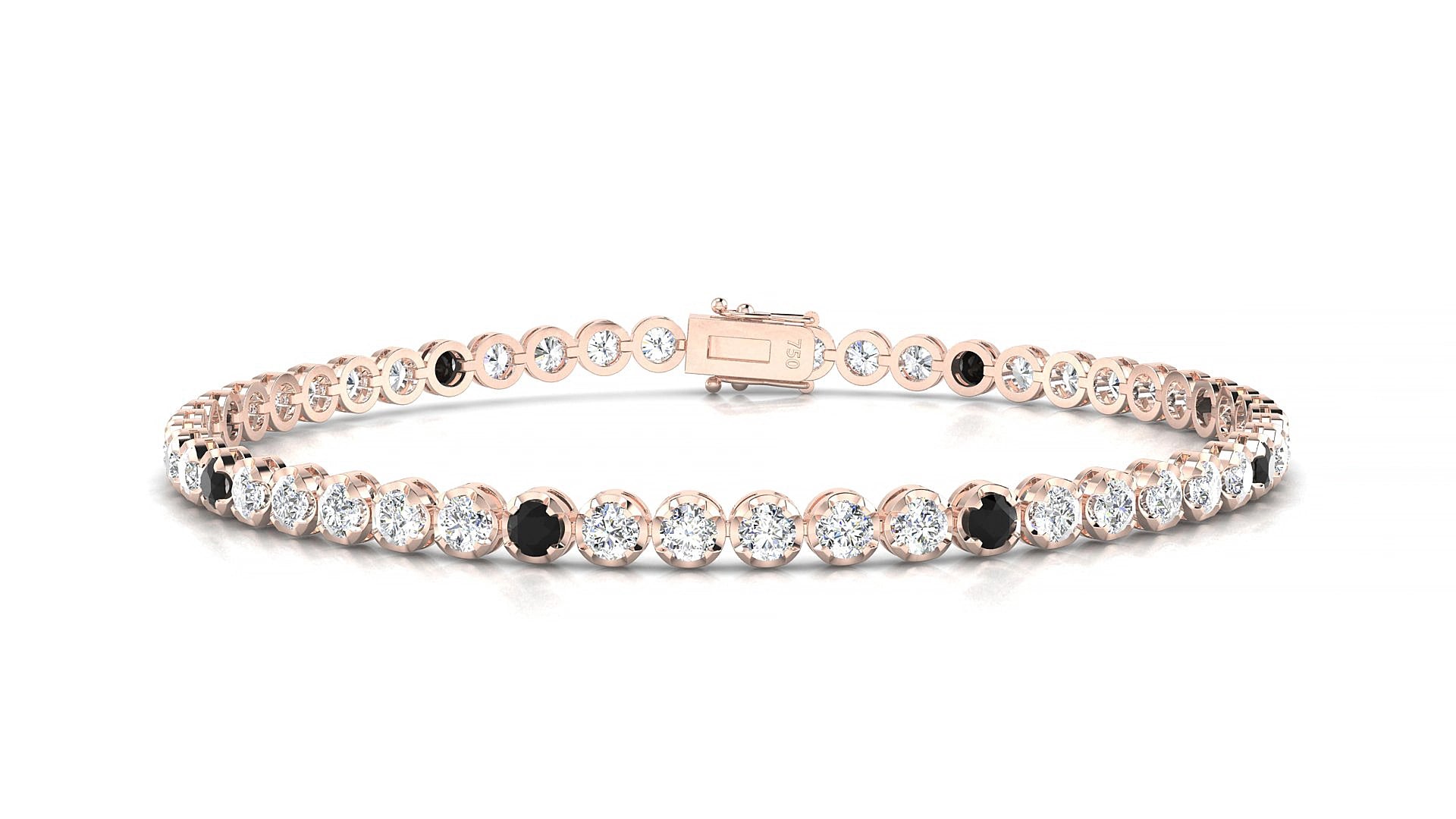 Bengal 1-5 | 18k Rose Gold 2.5 mm Round Natural Black Diamond & Diamond 17 cm Tennis Bracelet