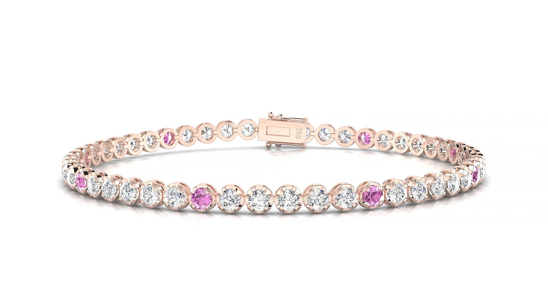 Bengal 1-5 | 18k Rose Gold 2.5 mm Round Natural Pink Sapphire & Diamond 15 cm Tennis Bracelet