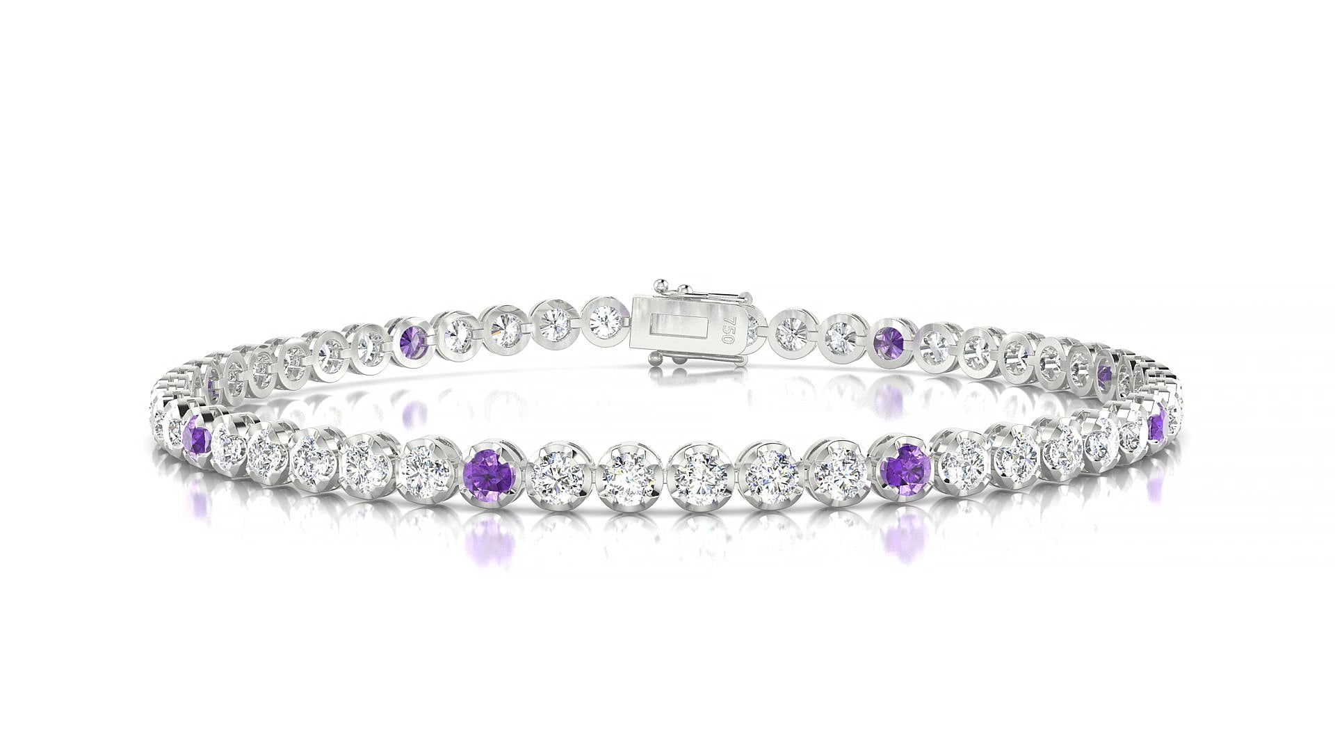 Bengal 1-5 | 18k White Gold 2.5 mm Round Natural Amethyst & Diamond 18 cm Tennis Bracelet