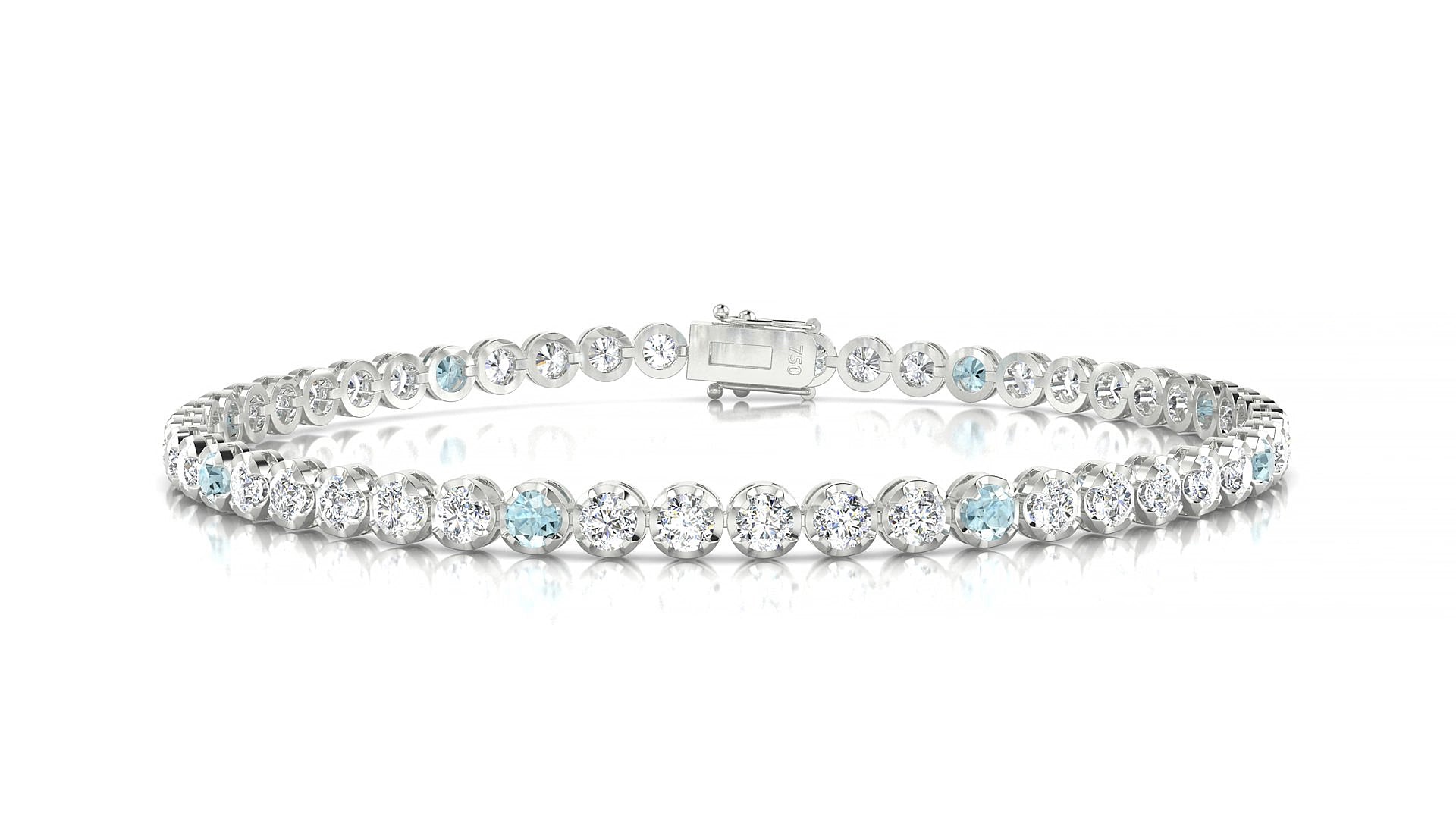 Bengal 1-5 | 18k White Gold 2.5 mm Round Natural Aquamarine & Diamond 19 cm Tennis Bracelet