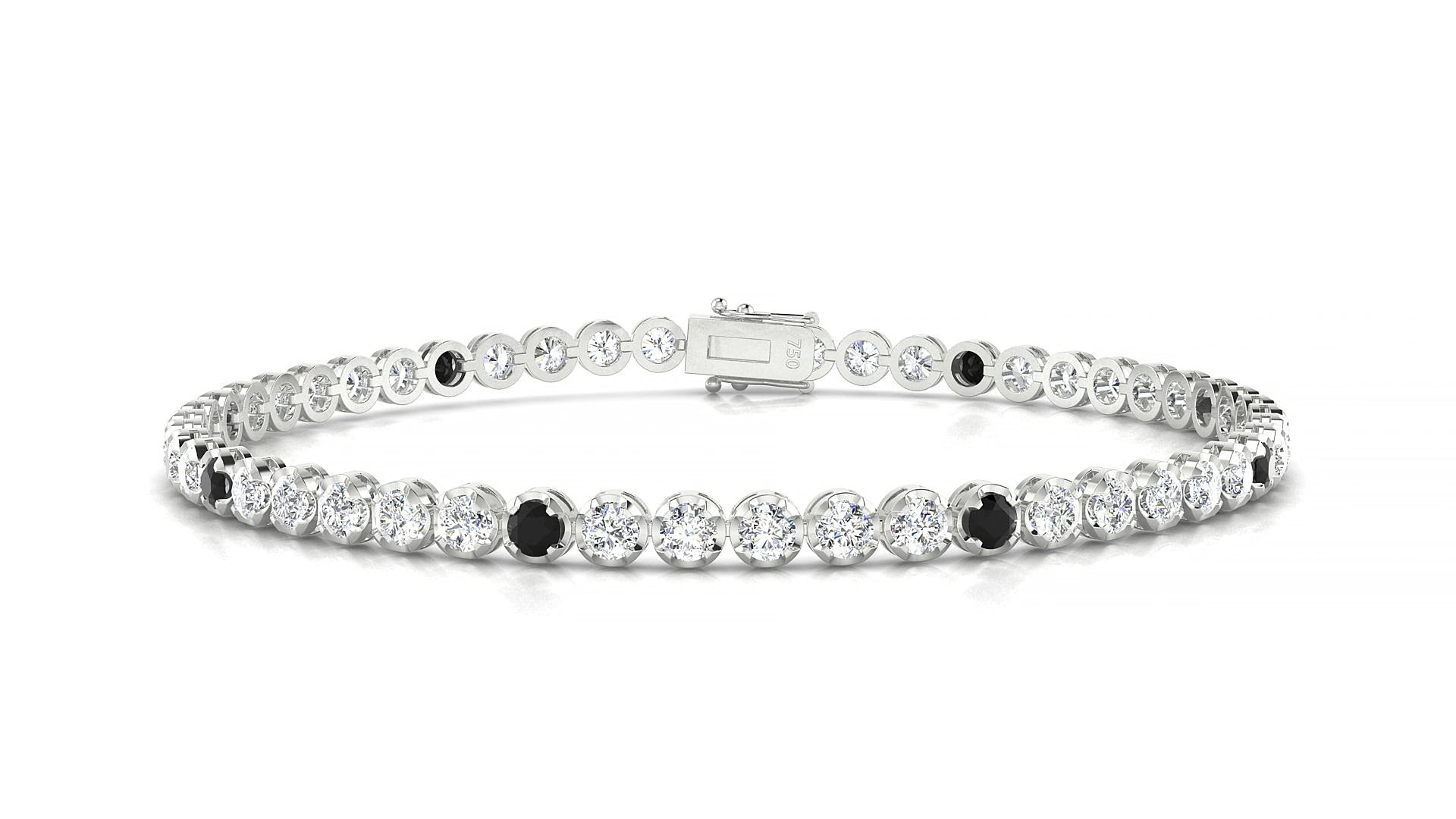 Bengal 1-5 | 18k White Gold 2.5 mm Round Natural Black Diamond & Diamond 15 cm Tennis Bracelet