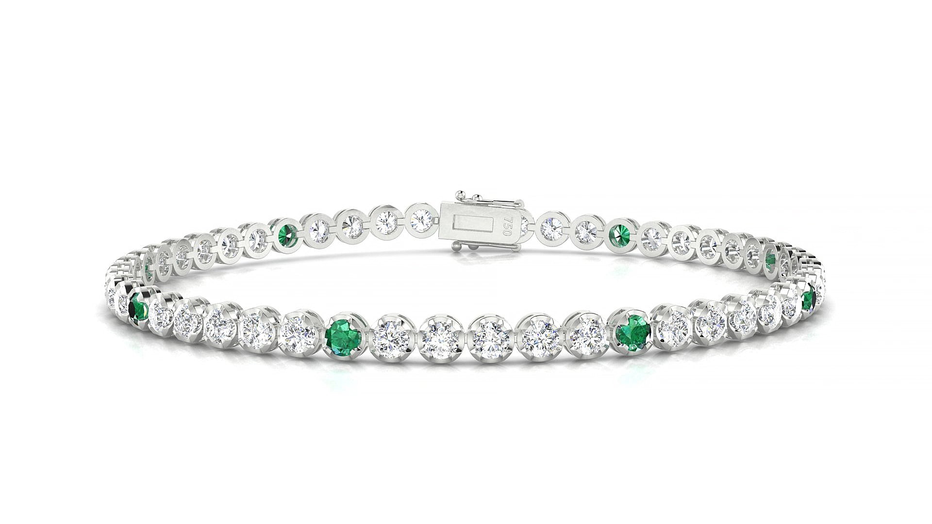 Bengal 1-5 | 18k White Gold 2.5 mm Round Natural Emerald & Diamond 15 cm Tennis Bracelet
