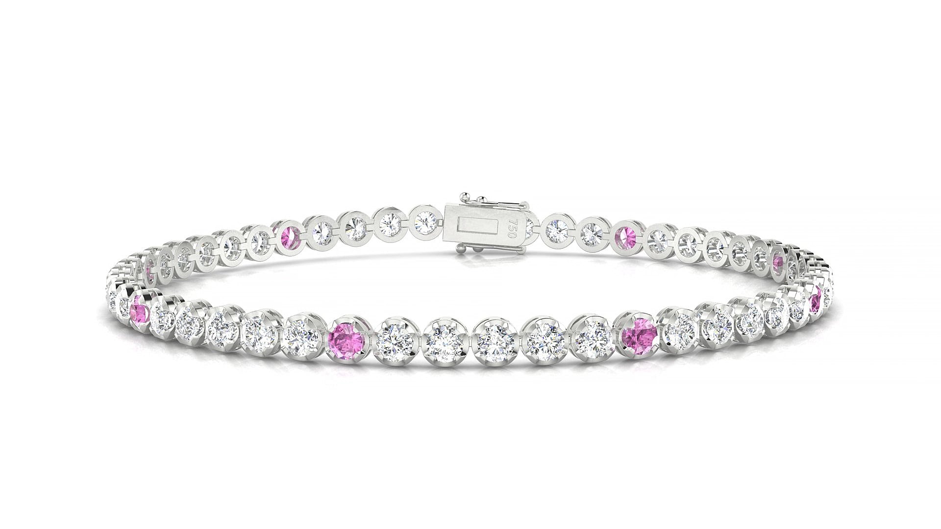 Bengal 1-5 | 18k White Gold 2.5 mm Round Natural Pink Sapphire & Diamond 19 cm Tennis Bracelet