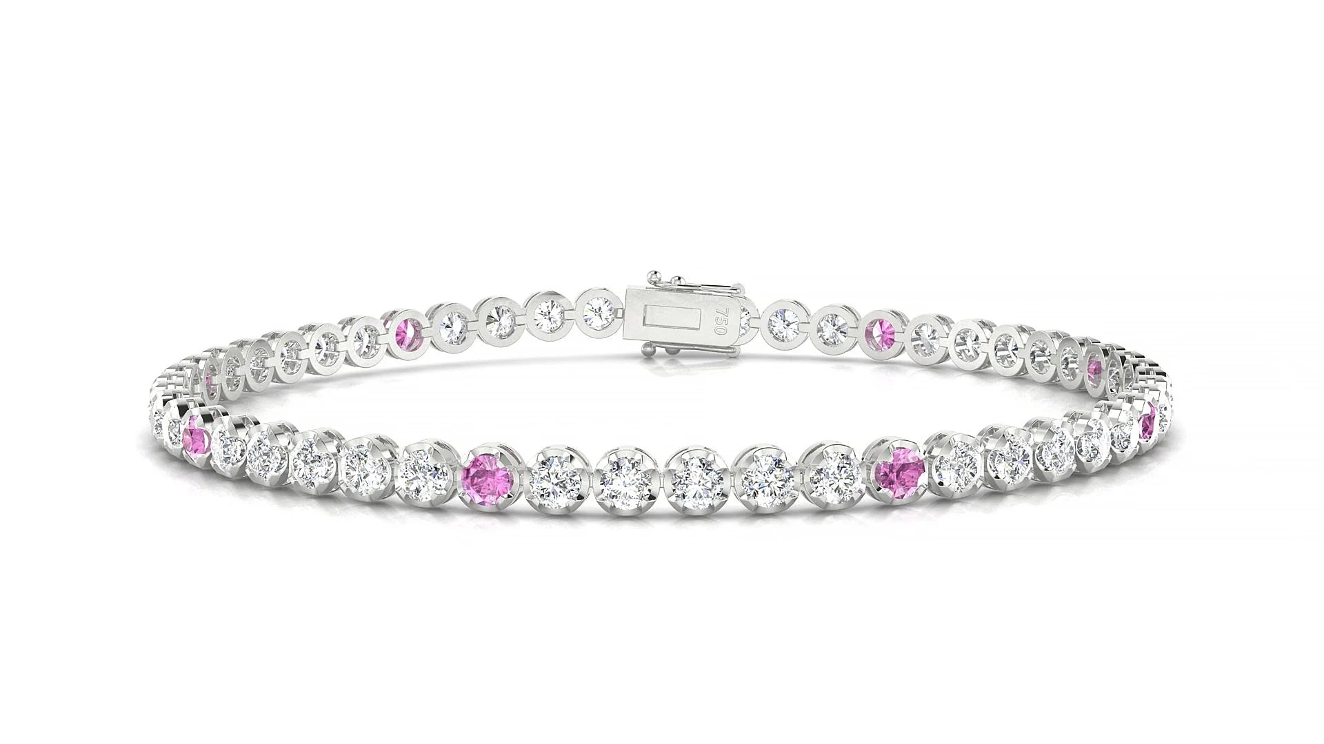 Bengal 1-5 | 18k White Gold 2.5 mm Round Natural Pink Sapphire & Diamond Tennis Bracelet