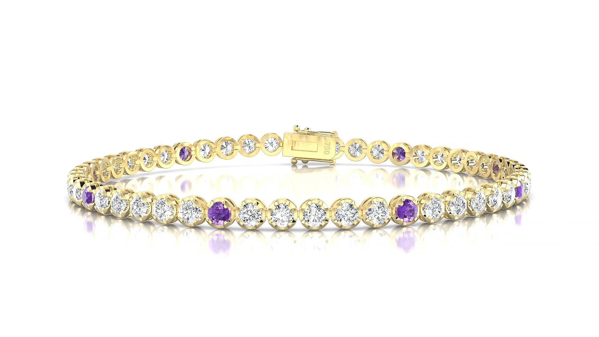 Bengal 1-5 | 18k Yellow Gold 2.5 mm Round Natural Amethyst & Diamond Tennis Bracelet