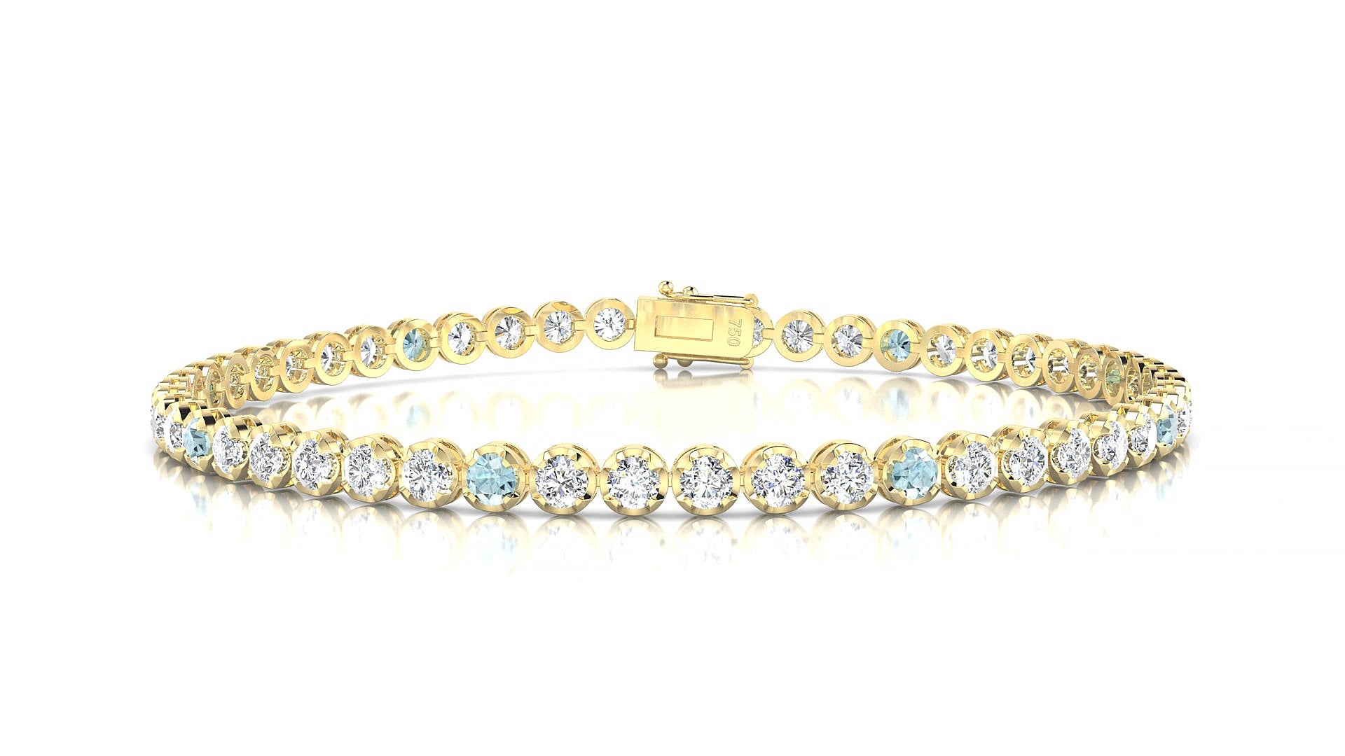 Bengal 1-5 | 18k Yellow Gold 2.5 mm Round Natural Aquamarine & Diamond 15 cm Tennis Bracelet
