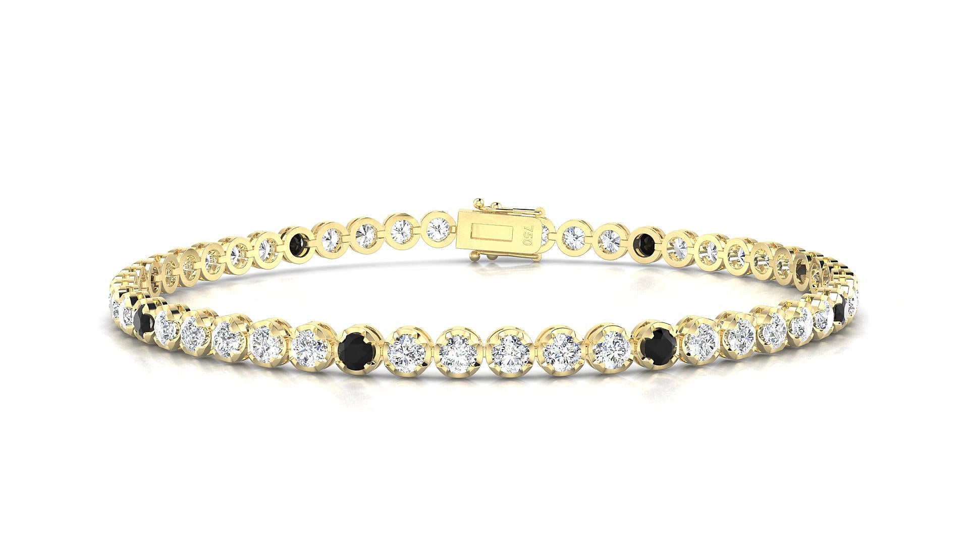 Bengal 1-5 | 18k Yellow Gold 2.5 mm Round Natural Black Diamond & Diamond 15 cm Tennis Bracelet