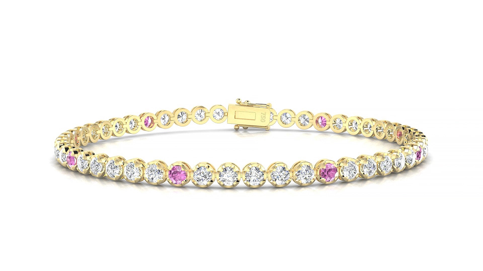 Bengal 1-5 | 18k Yellow Gold 2.5 mm Round Natural Pink Sapphire & Diamond 18 cm Tennis Bracelet