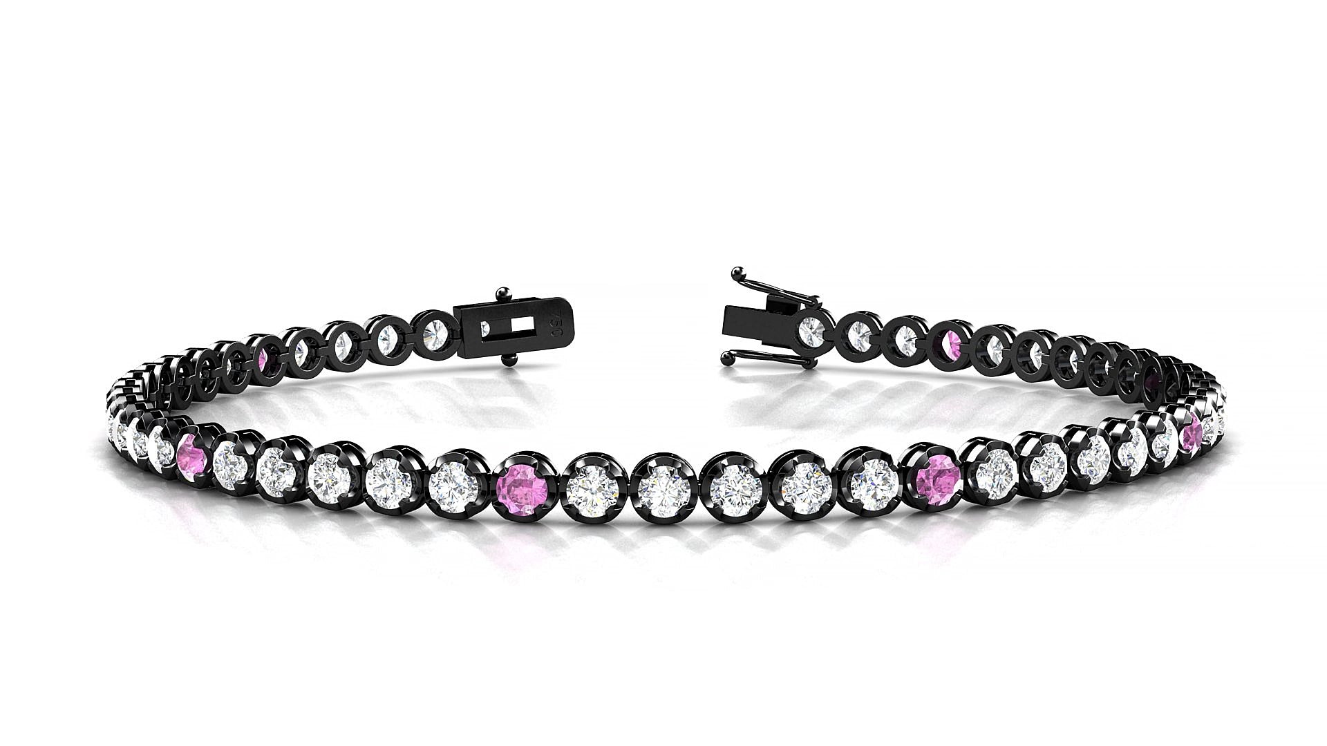 Bengal 1-5 | 18k Black Gold 2.5 mm Round Natural Pink Sapphire & Diamond 19 cm Tennis Bracelet