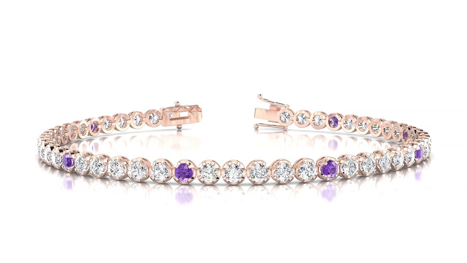 Bengal 1-5 | 18k Rose Gold 2.5 mm Round Natural Amethyst & Diamond 15 cm Tennis Bracelet