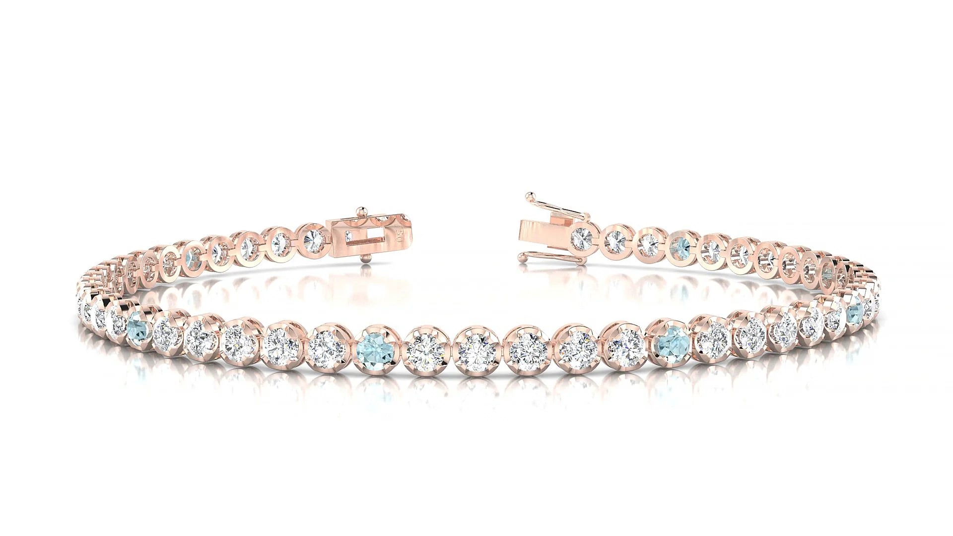 Bengal 1-5 | 18k Rose Gold 2.5 mm Round Natural Aquamarine & Diamond Tennis Bracelet