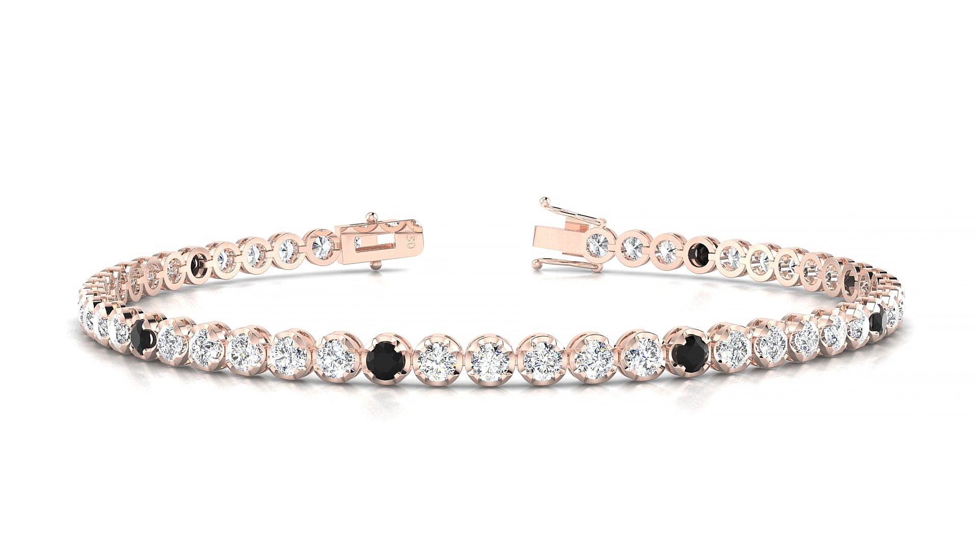 Bengal 1-5 | 18k Rose Gold 2.5 mm Round Natural Black Diamond & Diamond 16 cm Tennis Bracelet