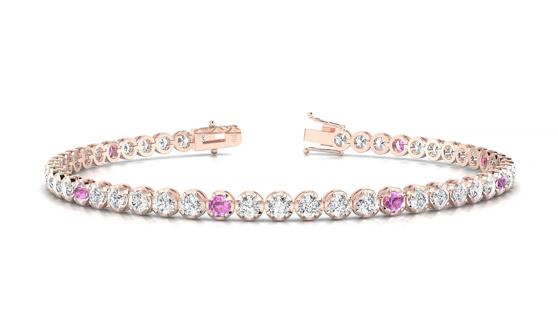 Bengal 1-5 | 18k Rose Gold 2.5 mm Round Natural Pink Sapphire & Diamond 19 cm Tennis Bracelet
