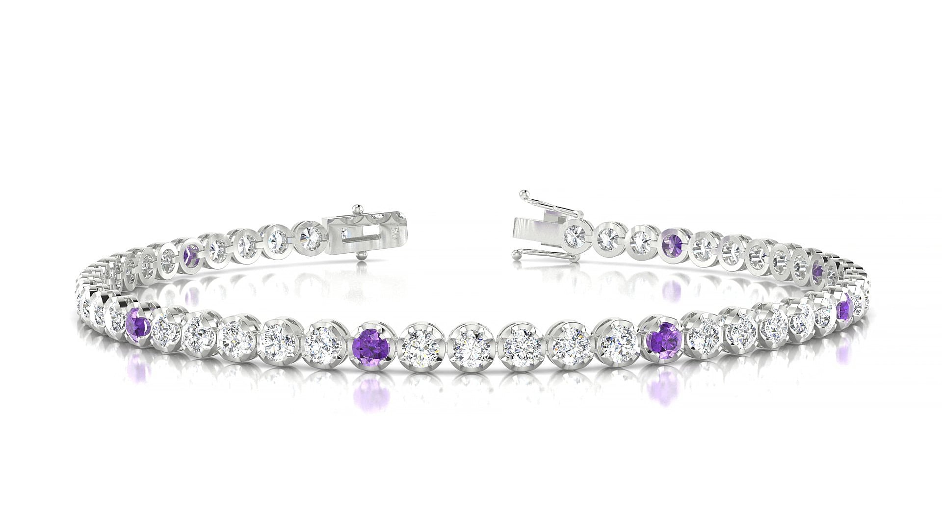 Bengal 1-5 | 18k White Gold 2.5 mm Round Natural Amethyst & Diamond 15 cm Tennis Bracelet