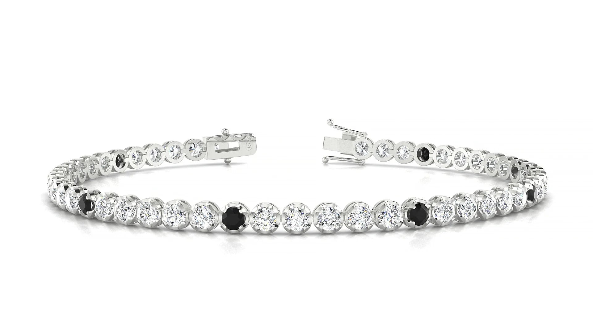 Bengal 1-5 | 18k White Gold 2.5 mm Round Natural Black Diamond & Diamond Tennis Bracelet