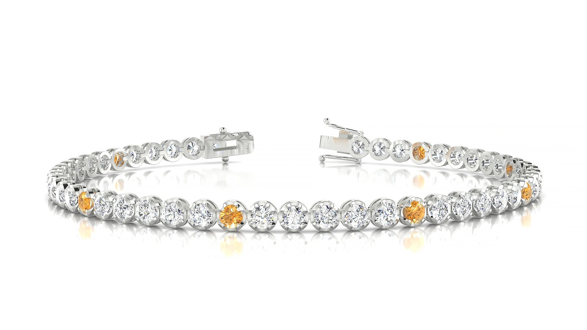 Bengal 1-5 | 18k White Gold 2.5 mm Round Natural Citrine & Diamond 15 cm Tennis Bracelet