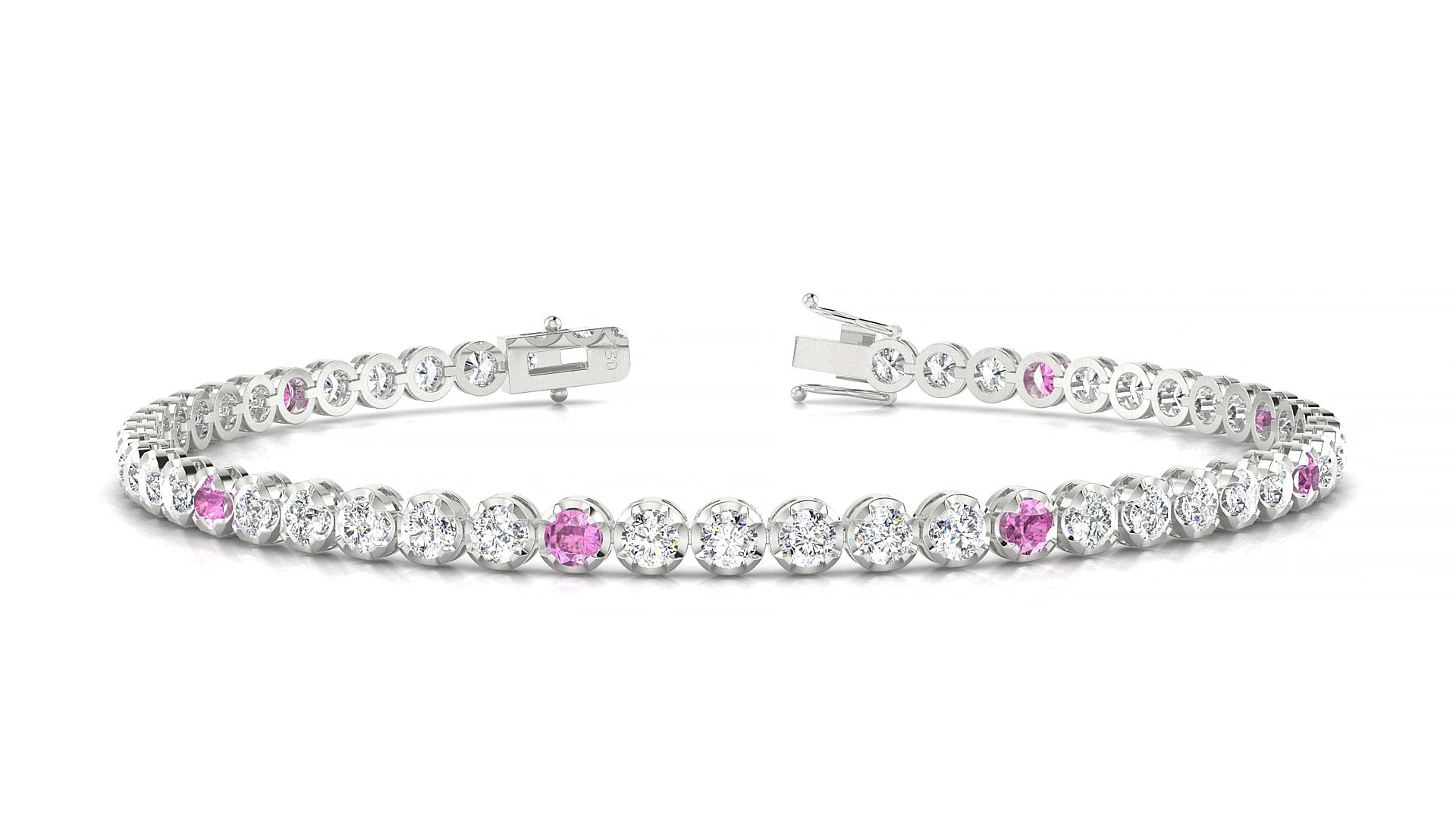 Bengal 1-5 | 18k White Gold 2.5 mm Round Natural Pink Sapphire & Diamond 15 cm Tennis Bracelet