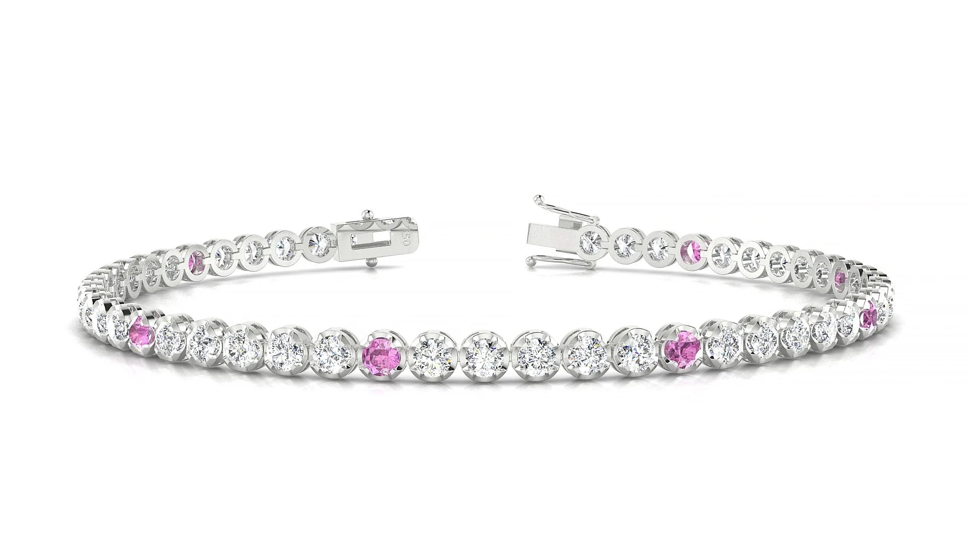 Bengal 1-5 | 18k White Gold 2.5 mm Round Natural Pink Sapphire & Diamond Tennis Bracelet