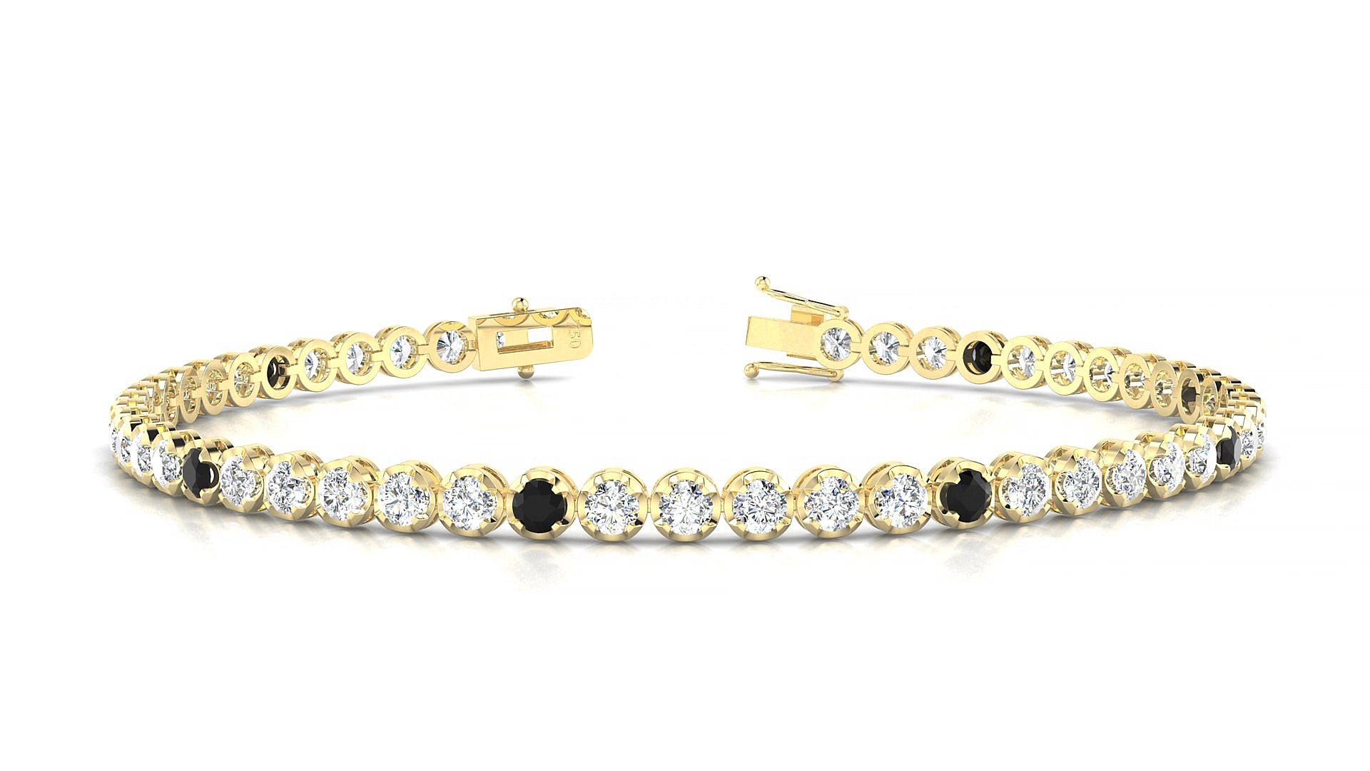 Bengal 1-5 | 18k Yellow Gold 2.5 mm Round Natural Black Diamond & Diamond 19 cm Tennis Bracelet