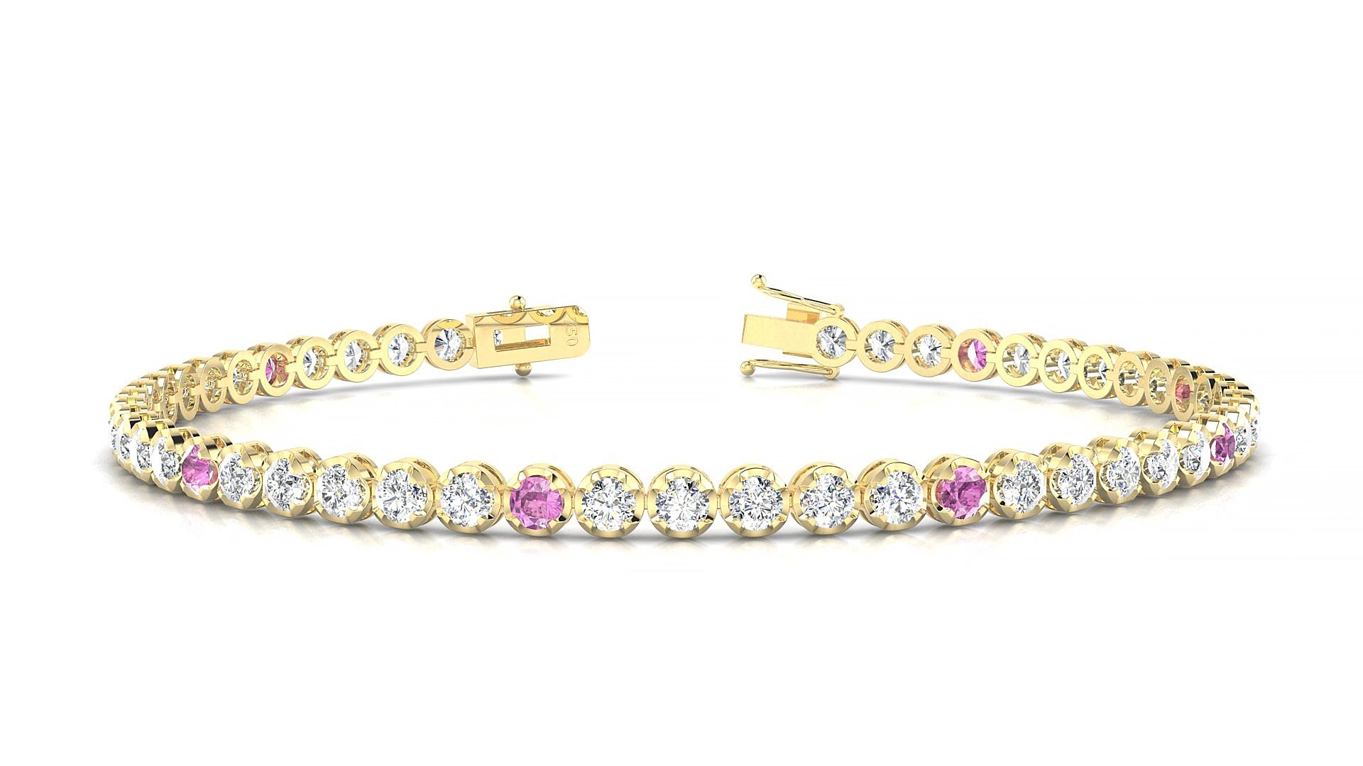 Bengal 1-5 | 18k Yellow Gold 2.5 mm Round Natural Pink Sapphire & Diamond 19 cm Tennis Bracelet