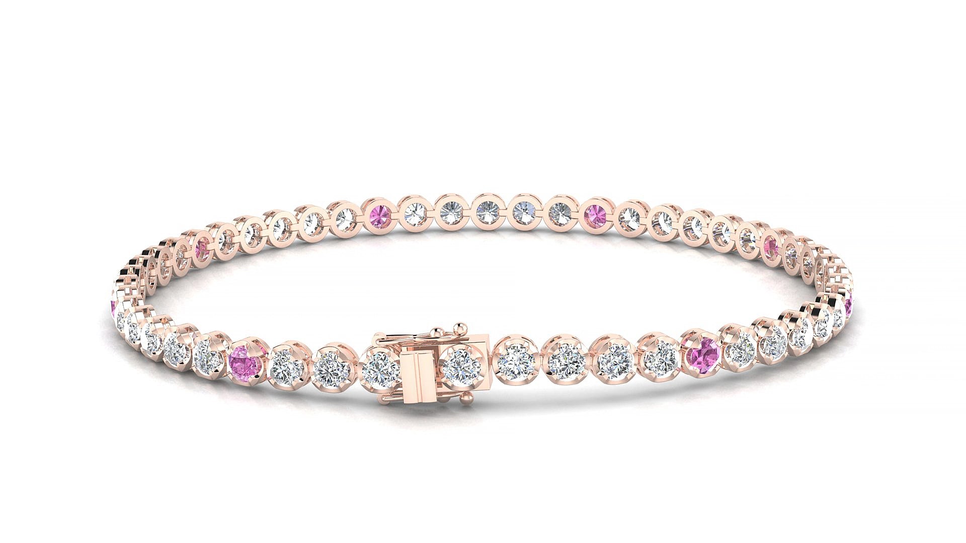 Bengal 1-5 | 18k Rose Gold 2.5 mm Round Natural Pink Sapphire & Diamond 17 cm Tennis Bracelet