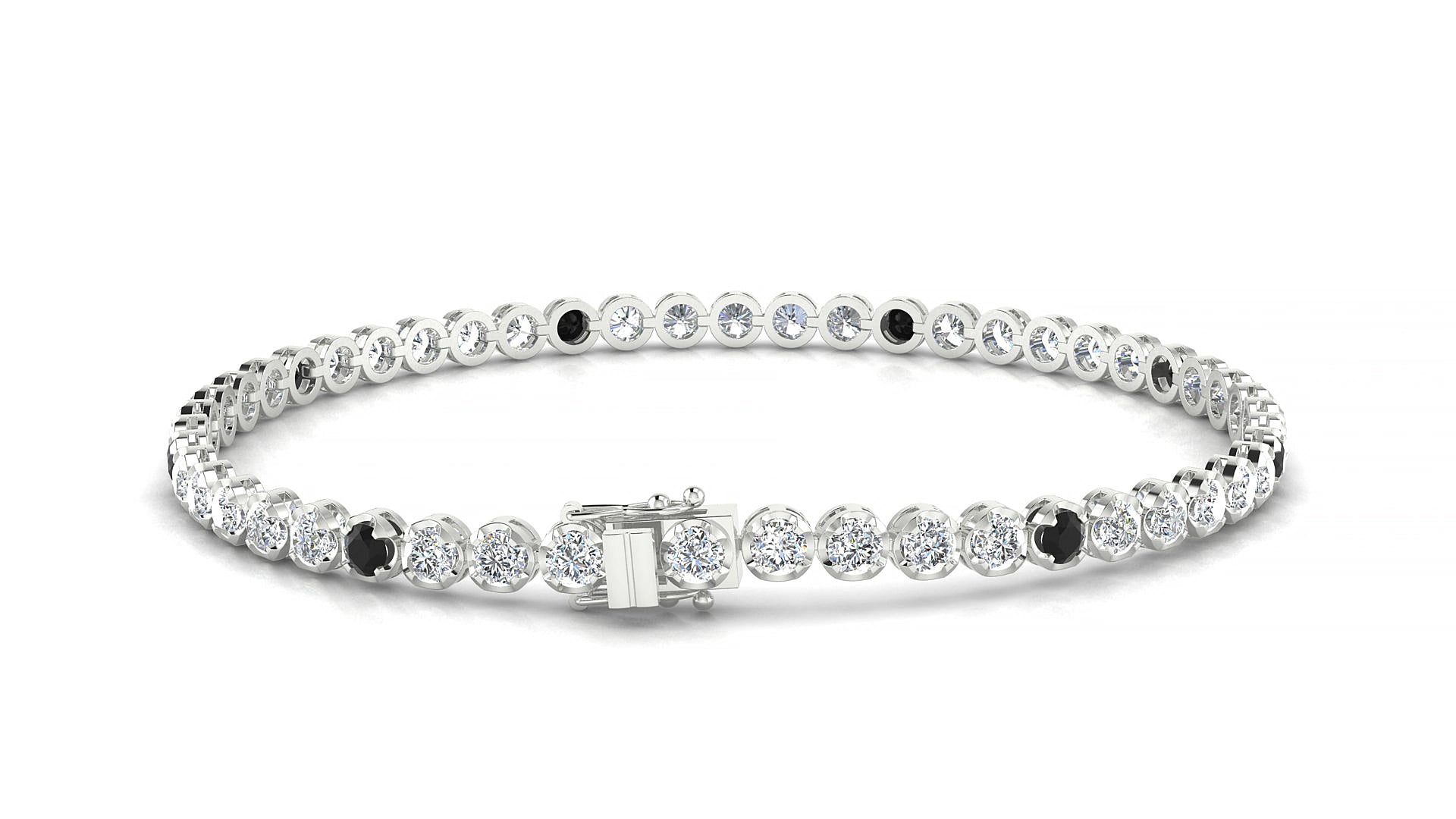 Bengal 1-5 | 18k White Gold 2.5 mm Round Natural Black Diamond & Diamond 15 cm Tennis Bracelet