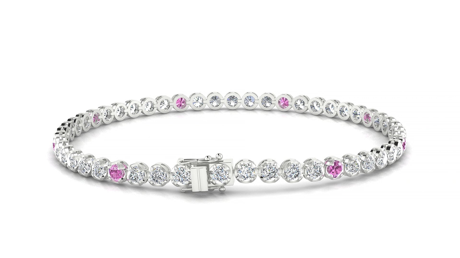 Bengal 1-5 | 18k White Gold 2.5 mm Round Natural Pink Sapphire & Diamond 19 cm Tennis Bracelet