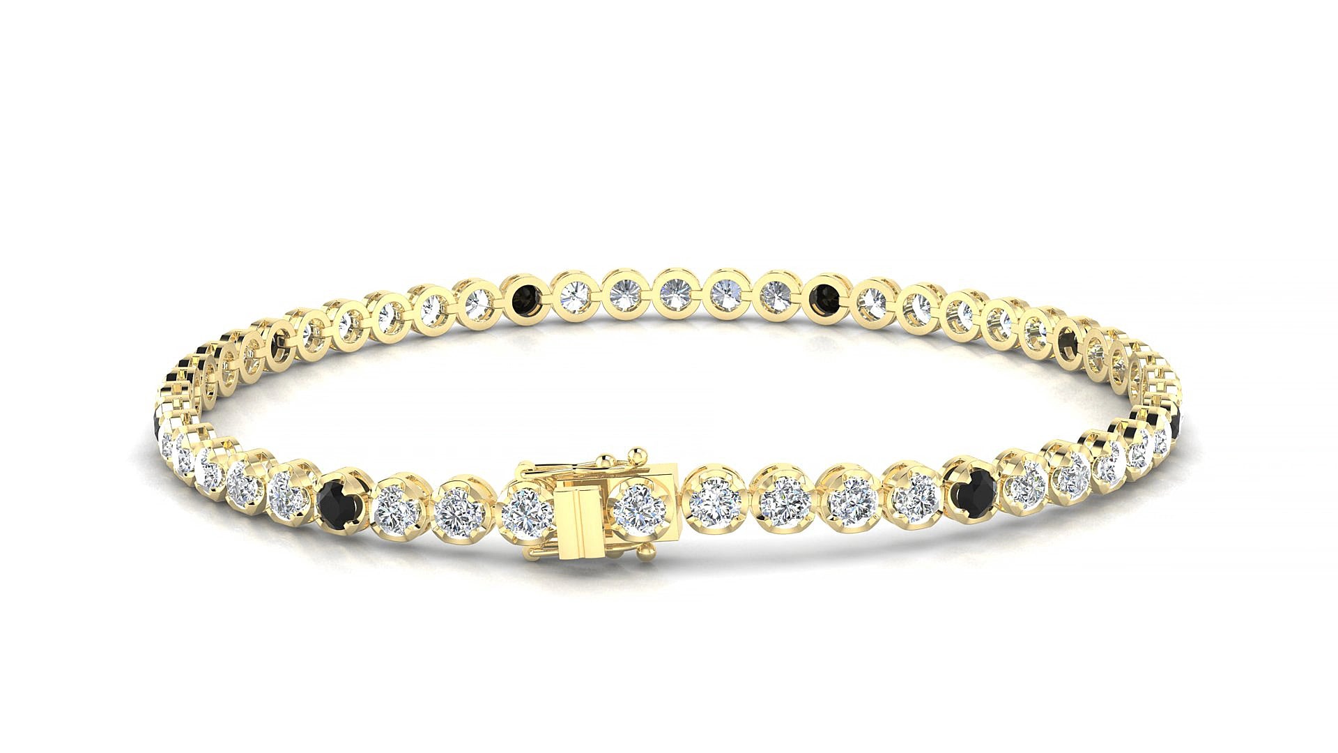 Bengal 1-5 | 18k Yellow Gold 2.5 mm Round Natural Black Diamond & Diamond 15 cm Tennis Bracelet