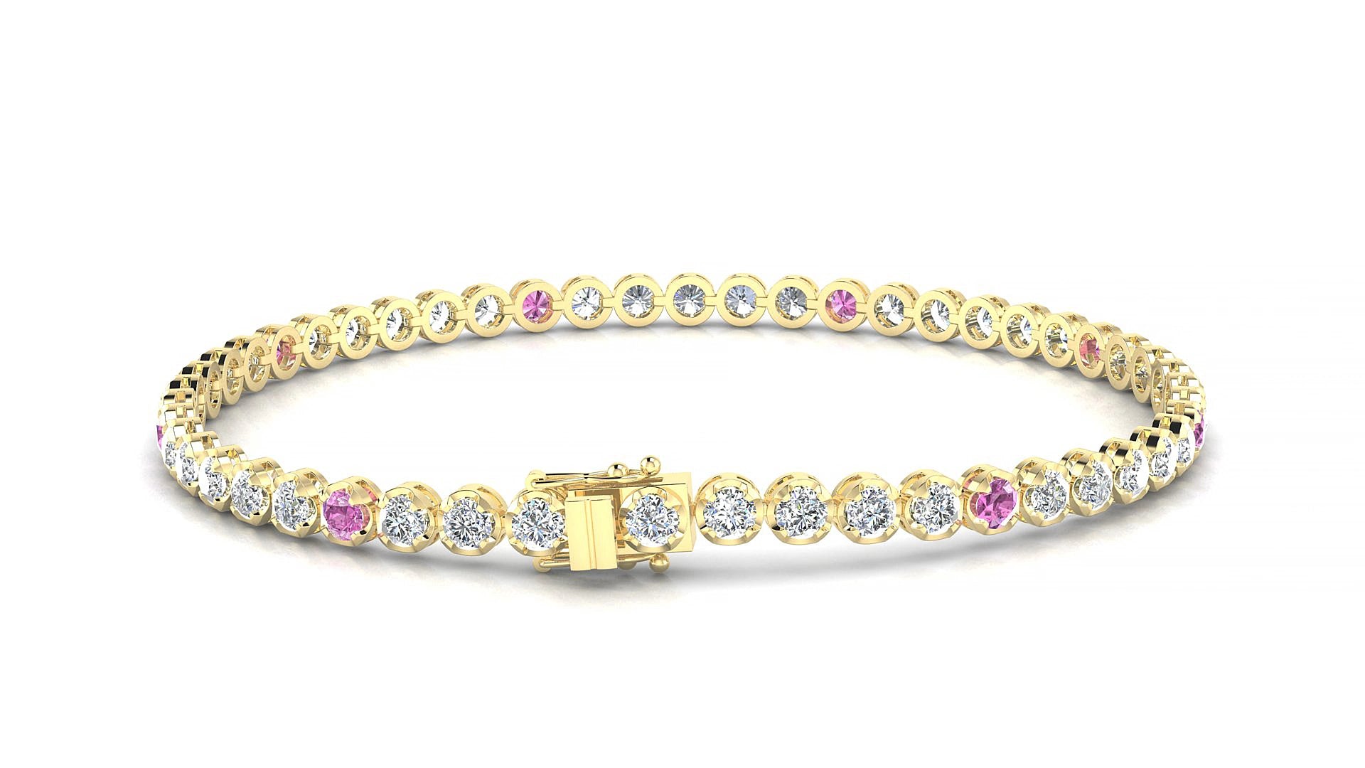 Bengal 1-5 | 18k Yellow Gold 2.5 mm Round Natural Pink Sapphire & Diamond 18 cm Tennis Bracelet
