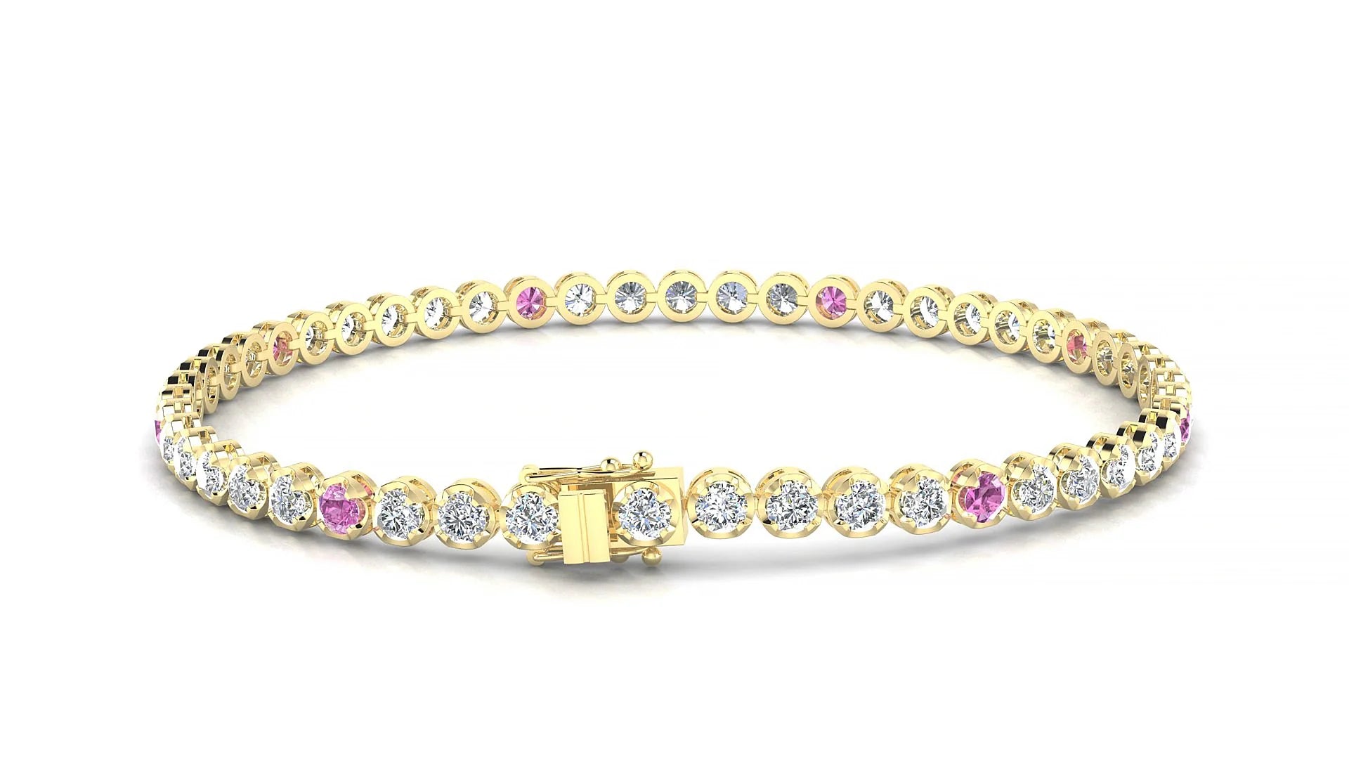 Bengal 1-5 | 18k Yellow Gold 2.5 mm Round Natural Pink Sapphire & Diamond Tennis Bracelet
