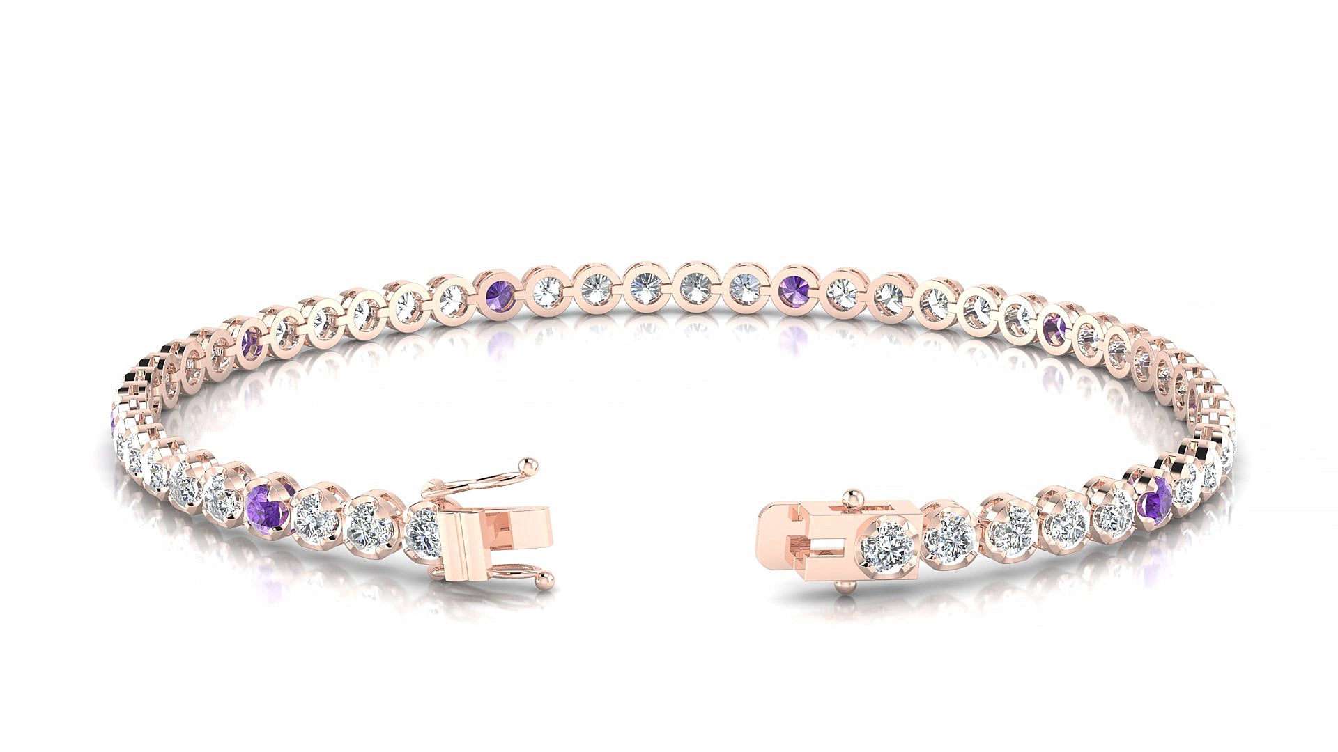 Bengal 1-5 | 18k Rose Gold 2.5 mm Round Natural Amethyst & Diamond 15 cm Tennis Bracelet