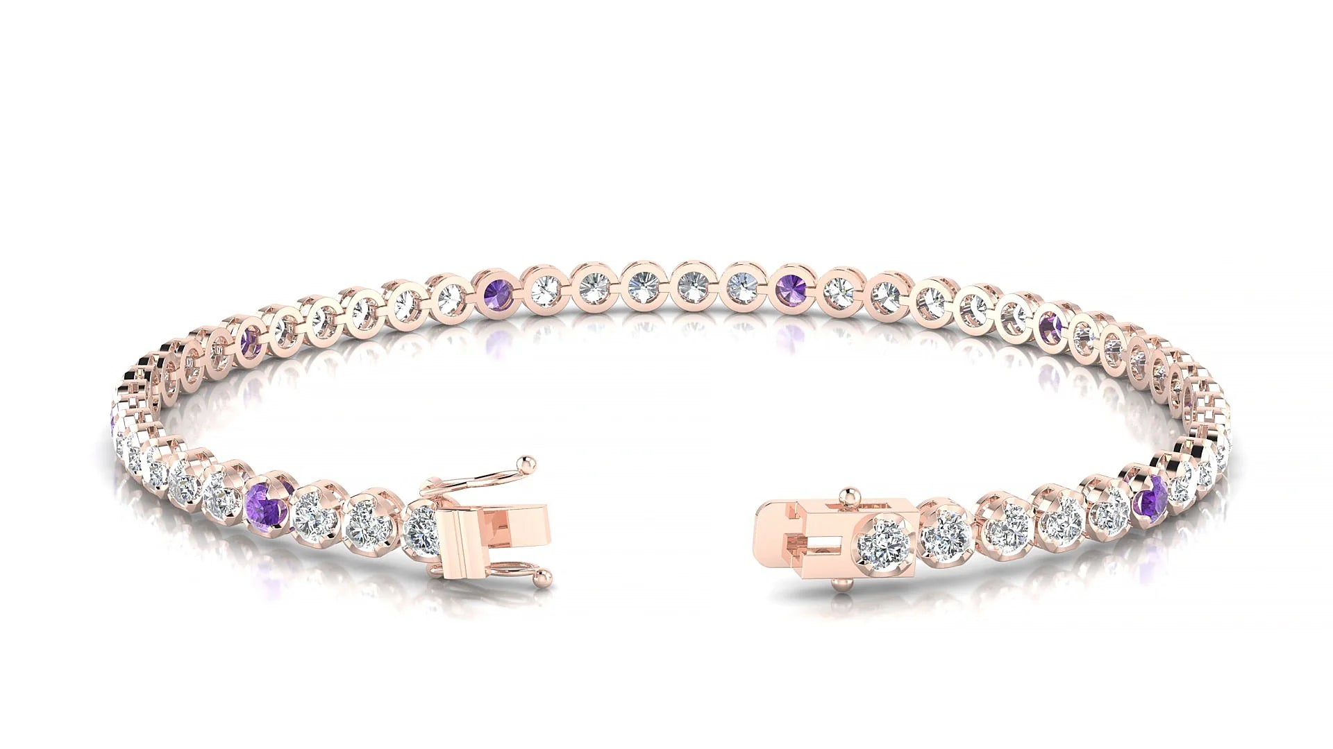 Bengal 1-5 | 18k Rose Gold 2.5 mm Round Natural Amethyst & Diamond Tennis Bracelet