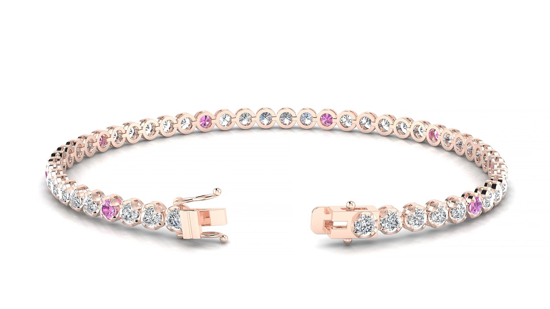 Bengal 1-5 | 18k Rose Gold 2.5 mm Round Natural Pink Sapphire & Diamond 17 cm Tennis Bracelet