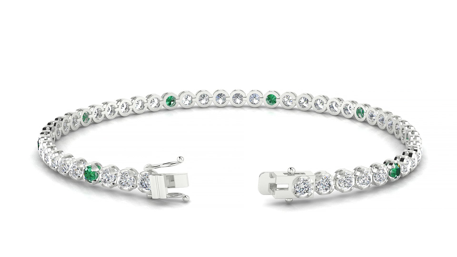 Bengal 1-5 | 18k White Gold 2.5 mm Round Natural Emerald & Diamond 15 cm Tennis Bracelet