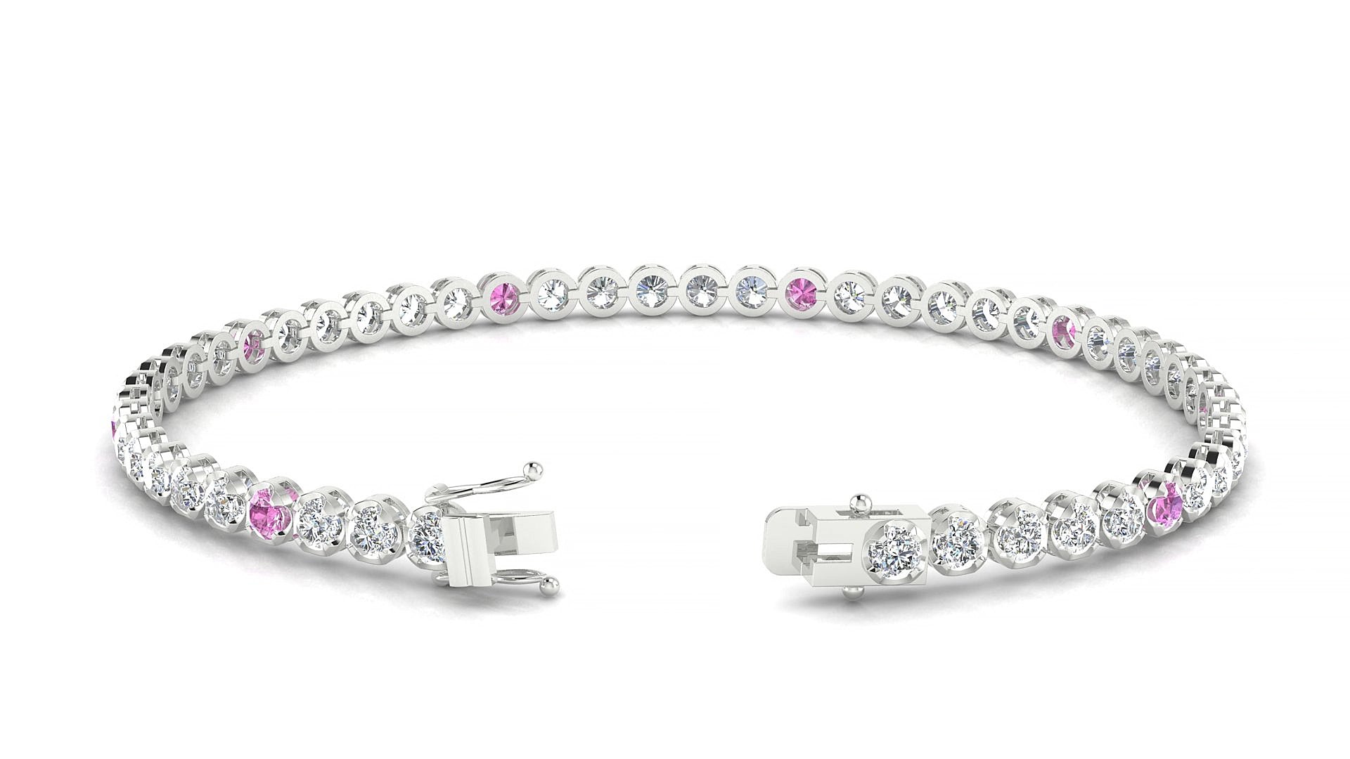Bengal 1-5 | 18k White Gold 2.5 mm Round Natural Pink Sapphire & Diamond 15 cm Tennis Bracelet