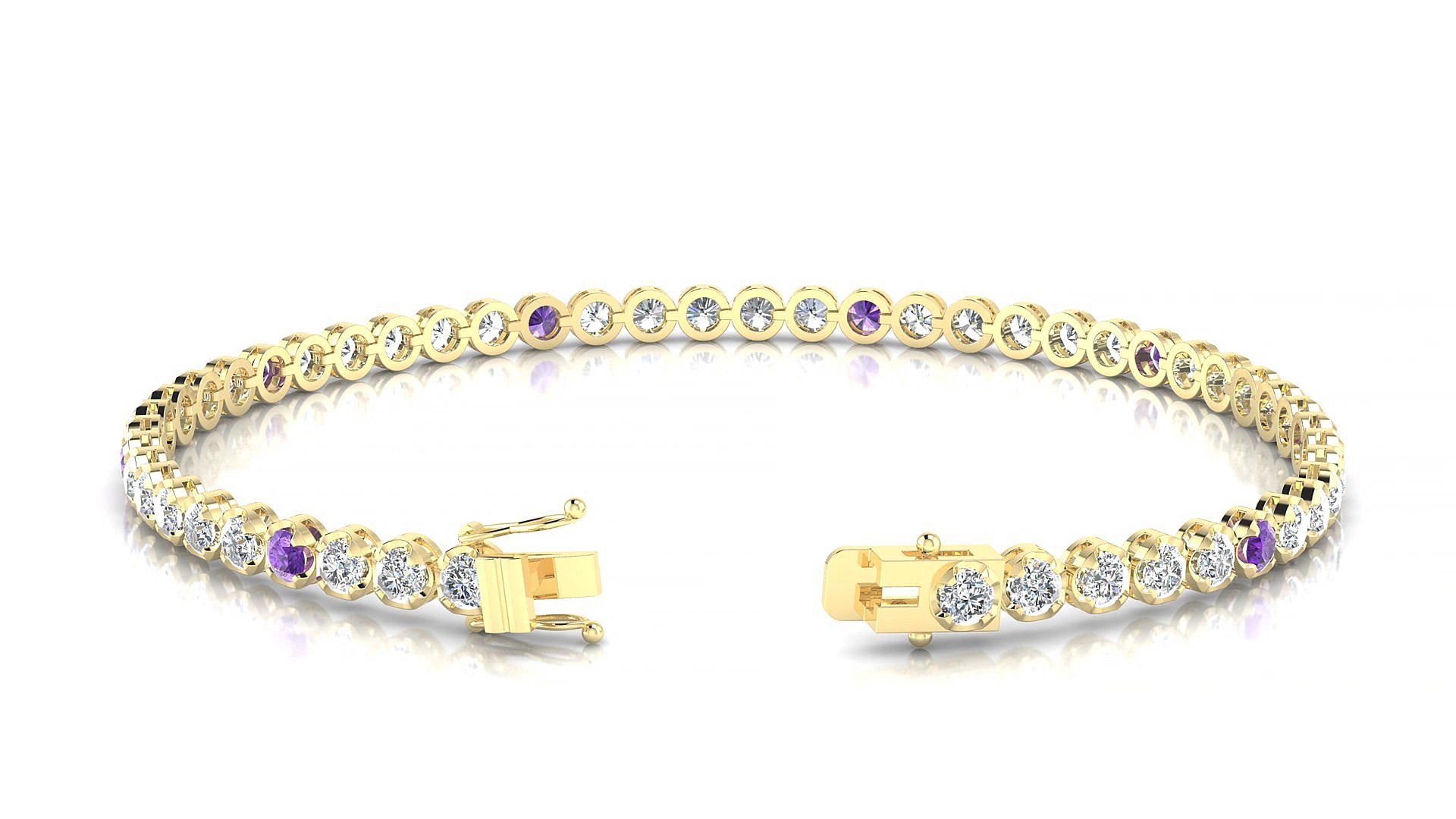 Bengal 1-5 | 18k Yellow Gold 2.5 mm Round Natural Amethyst & Diamond 15 cm Tennis Bracelet