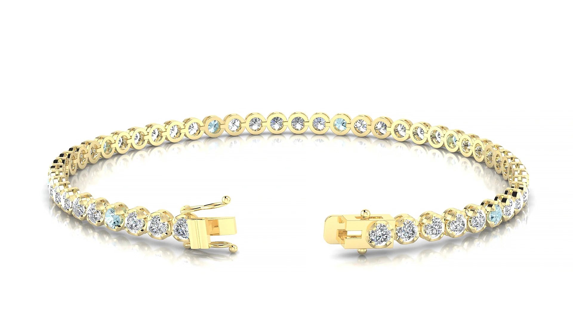 Bengal 1-5 | 18k Yellow Gold 2.5 mm Round Natural Aquamarine & Diamond Tennis Bracelet