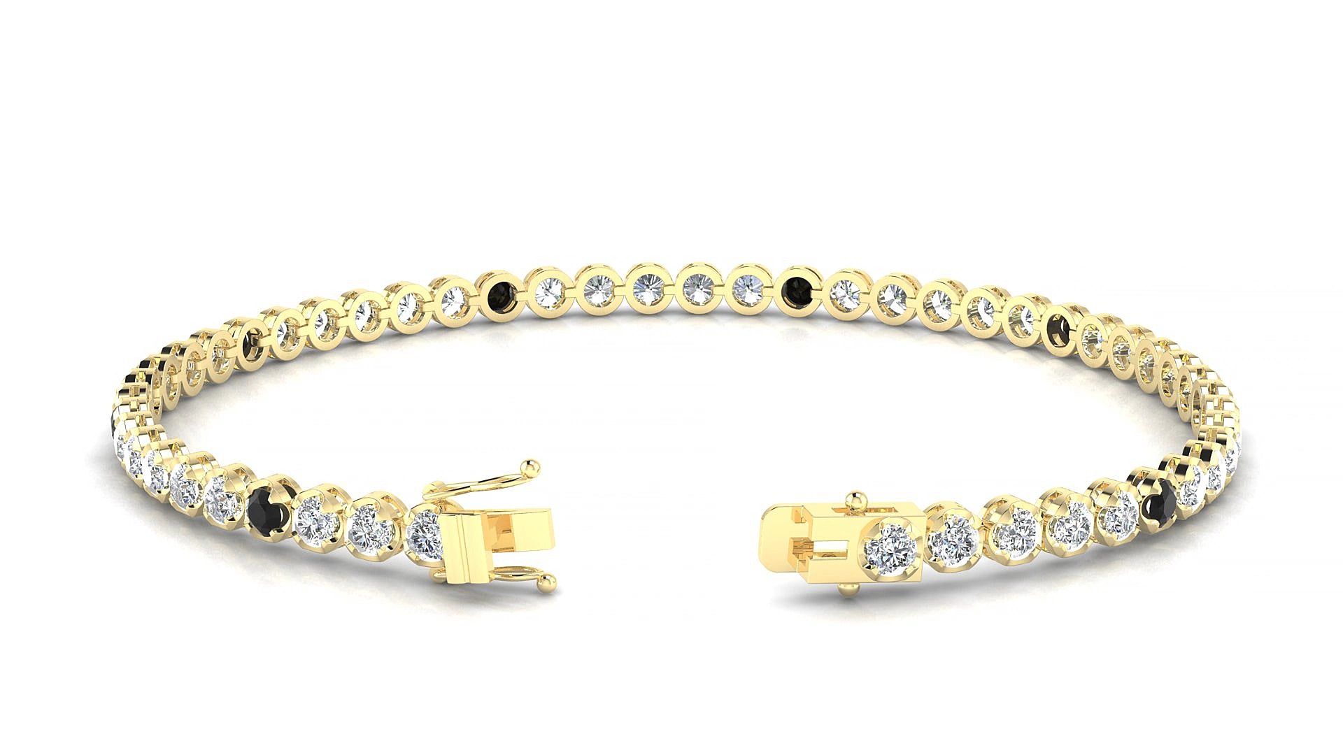 Bengal 1-5 | 18k Yellow Gold 2.5 mm Round Natural Black Diamond & Diamond 15 cm Tennis Bracelet