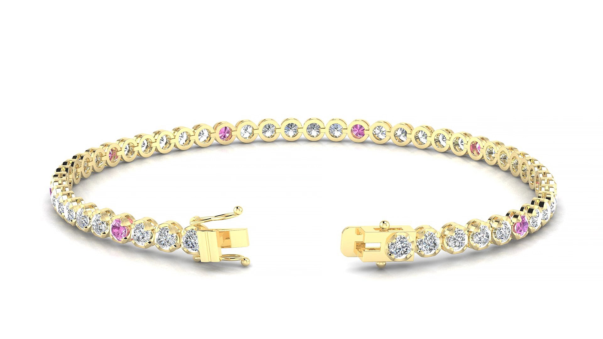 Bengal 1-5 | 18k Yellow Gold 2.5 mm Round Natural Pink Sapphire & Diamond 15 cm Tennis Bracelet