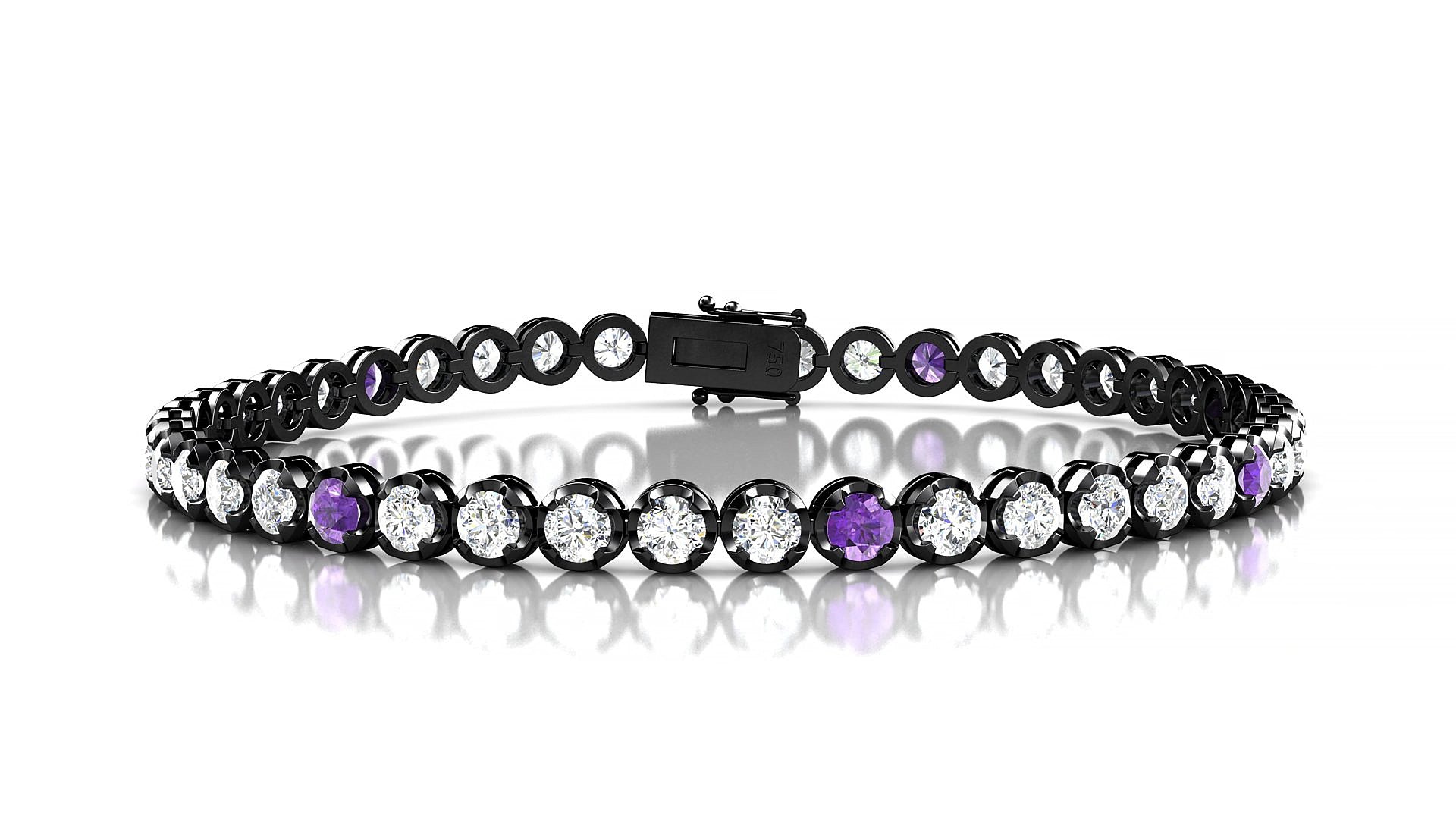 Bengal 1-5 | 18k Black Gold 3 mm Round Natural Amethyst & Diamond 20 cm Tennis Bracelet