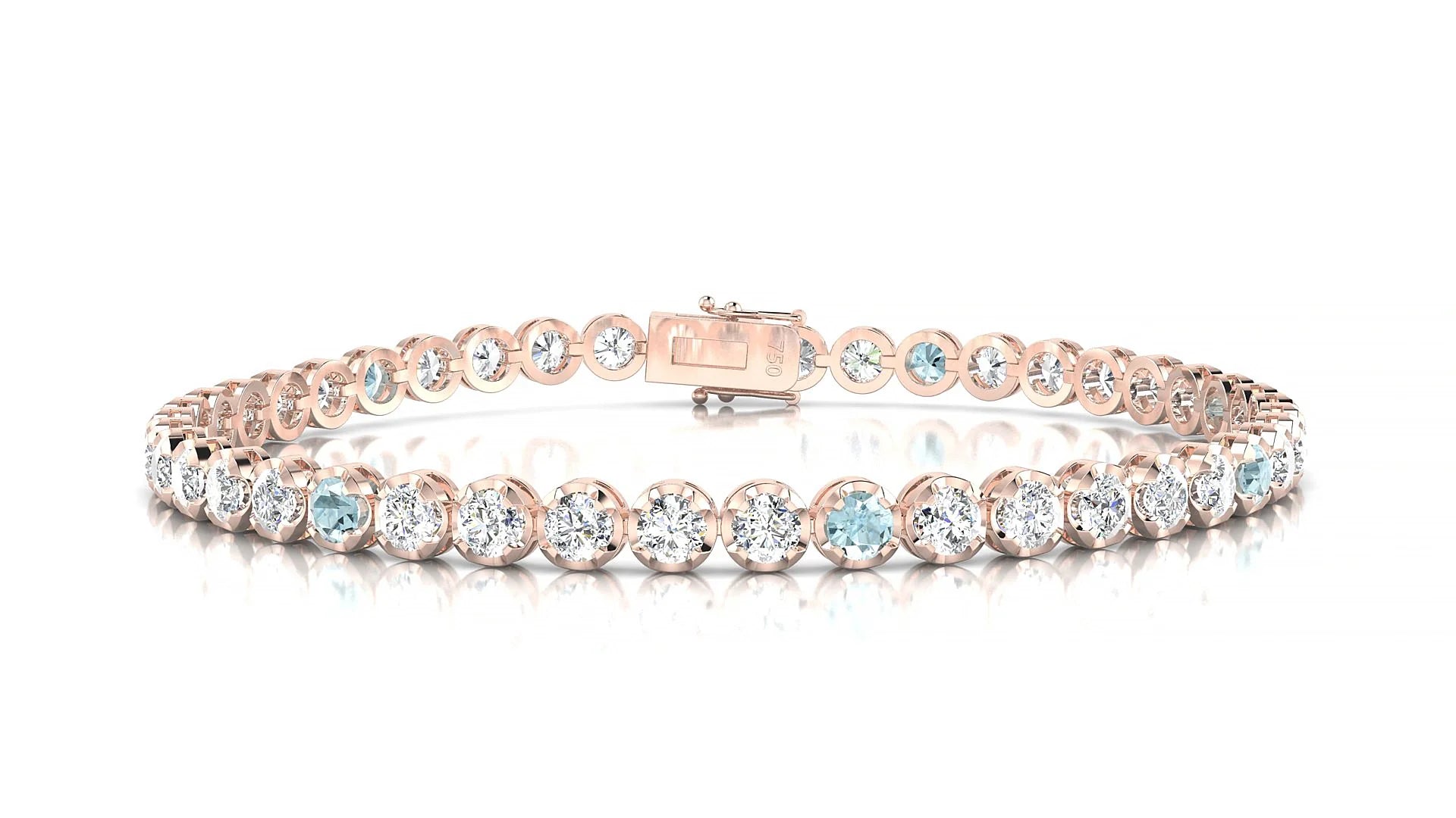 Bengal 1-5 | 18k Rose Gold 3 mm Round Natural Aquamarine & Diamond Tennis Bracelet
