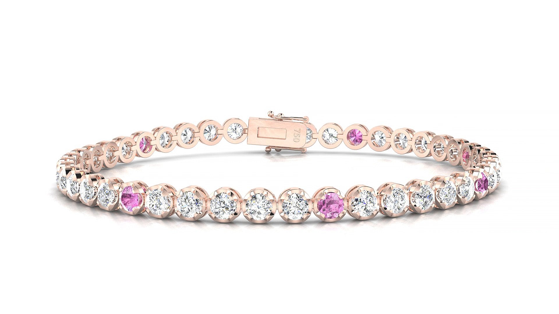 Bengal 1-5 | 18k Rose Gold 3 mm Round Natural Pink Sapphire & Diamond 19 cm Tennis Bracelet