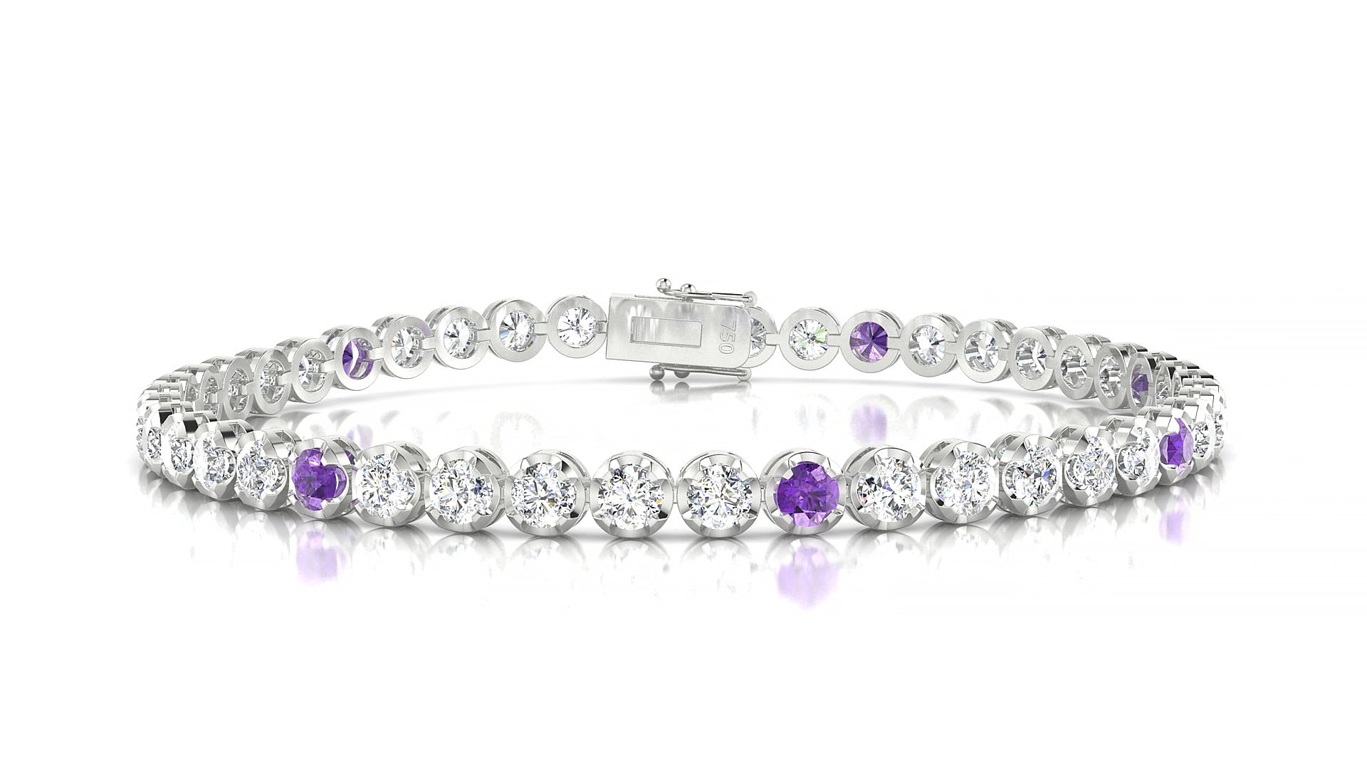 Bengal 1-5 | 18k White Gold 3 mm Round Natural Amethyst & Diamond 15 cm Tennis Bracelet