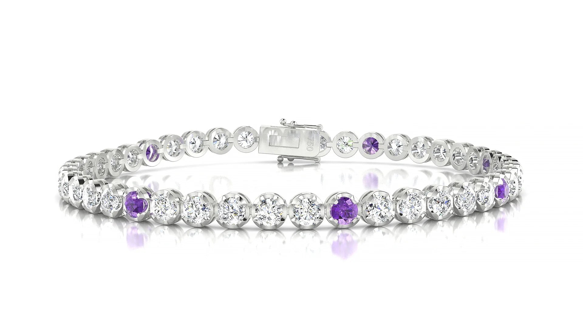 Bengal 1-5 | 18k White Gold 3 mm Round Natural Amethyst & Diamond Tennis Bracelet