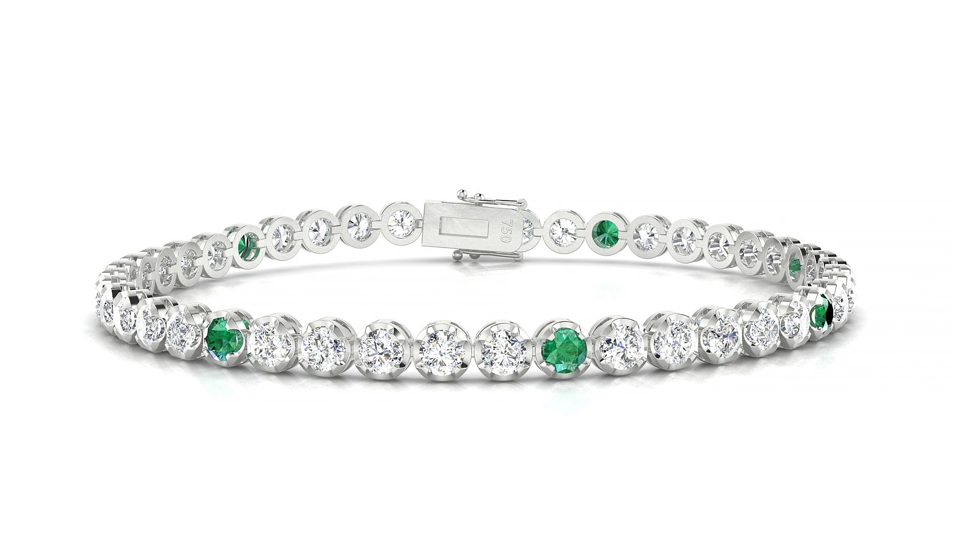 Bengal 1-5 | 18k White Gold 3 mm Round Natural Emerald & Diamond 17 cm Tennis Bracelet