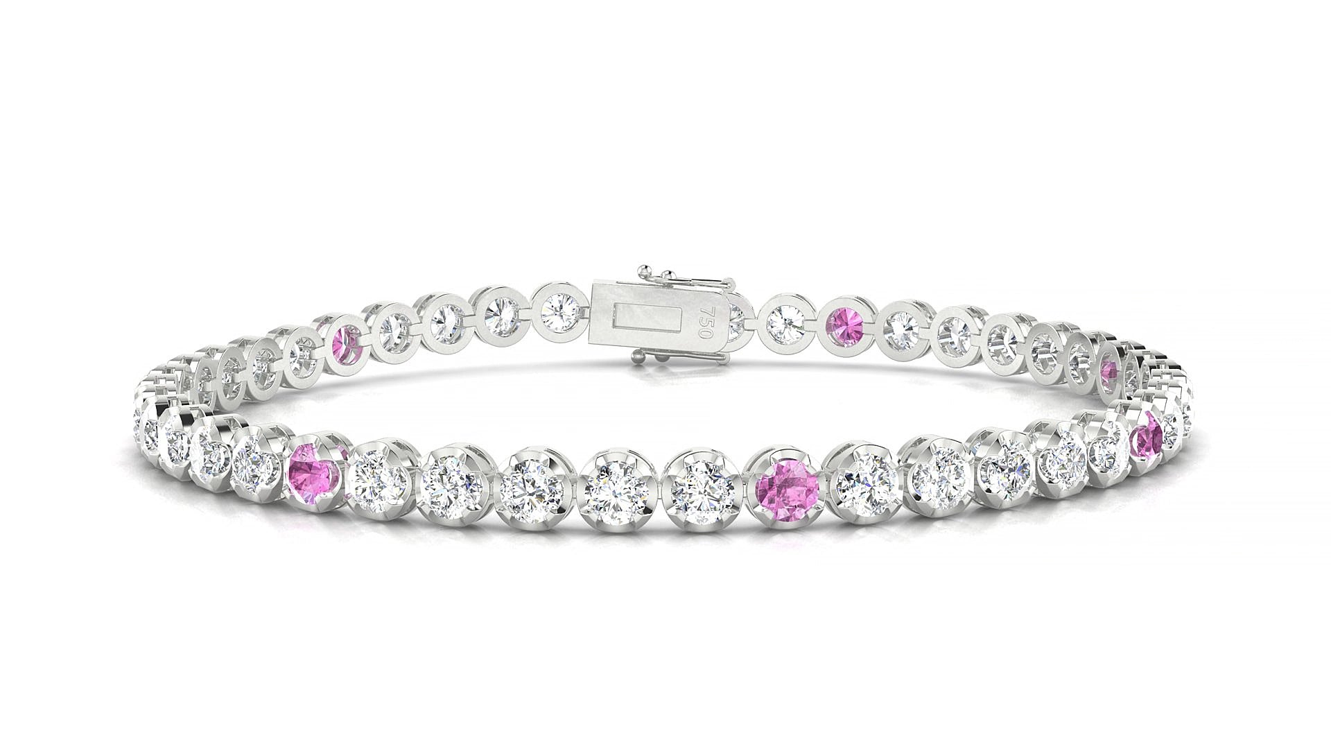 Bengal 1-5 | 18k White Gold 3 mm Round Natural Pink Sapphire & Diamond 19 cm Tennis Bracelet