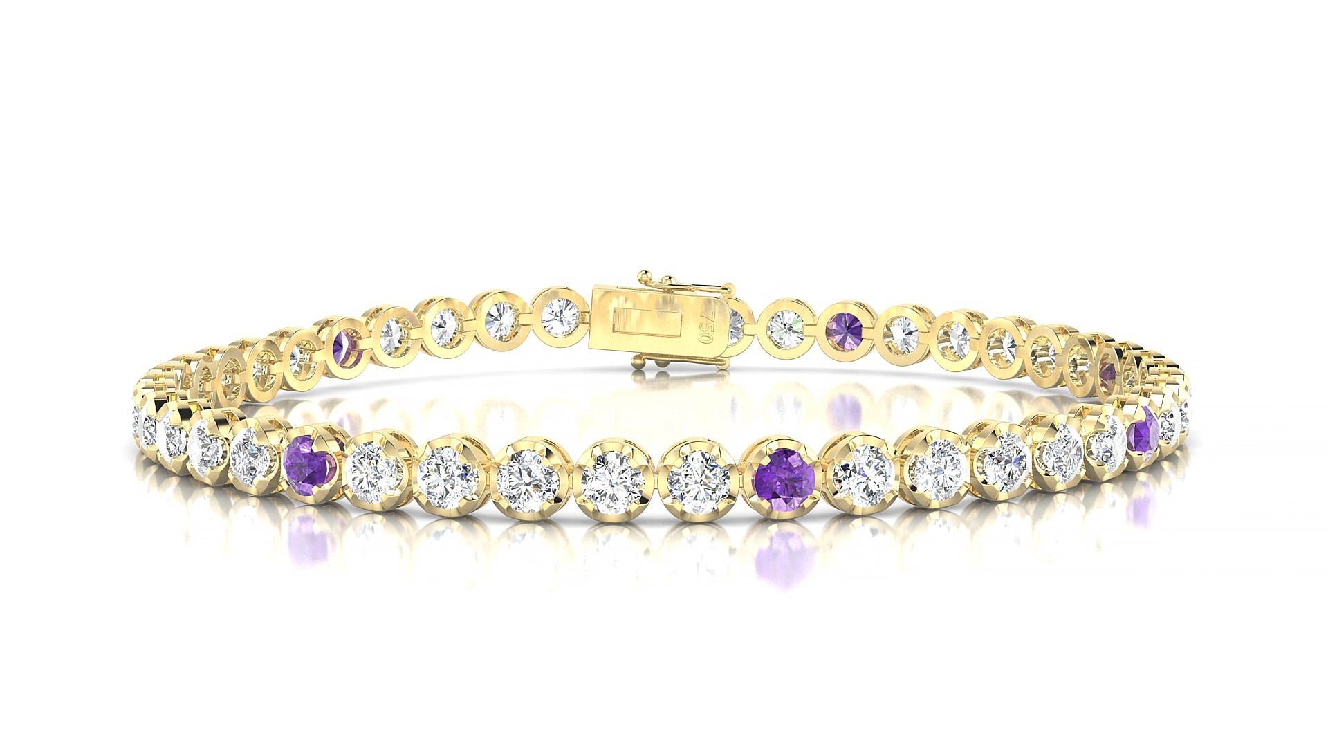 Bengal 1-5 | 18k Yellow Gold 3 mm Round Natural Amethyst & Diamond 19 cm Tennis Bracelet