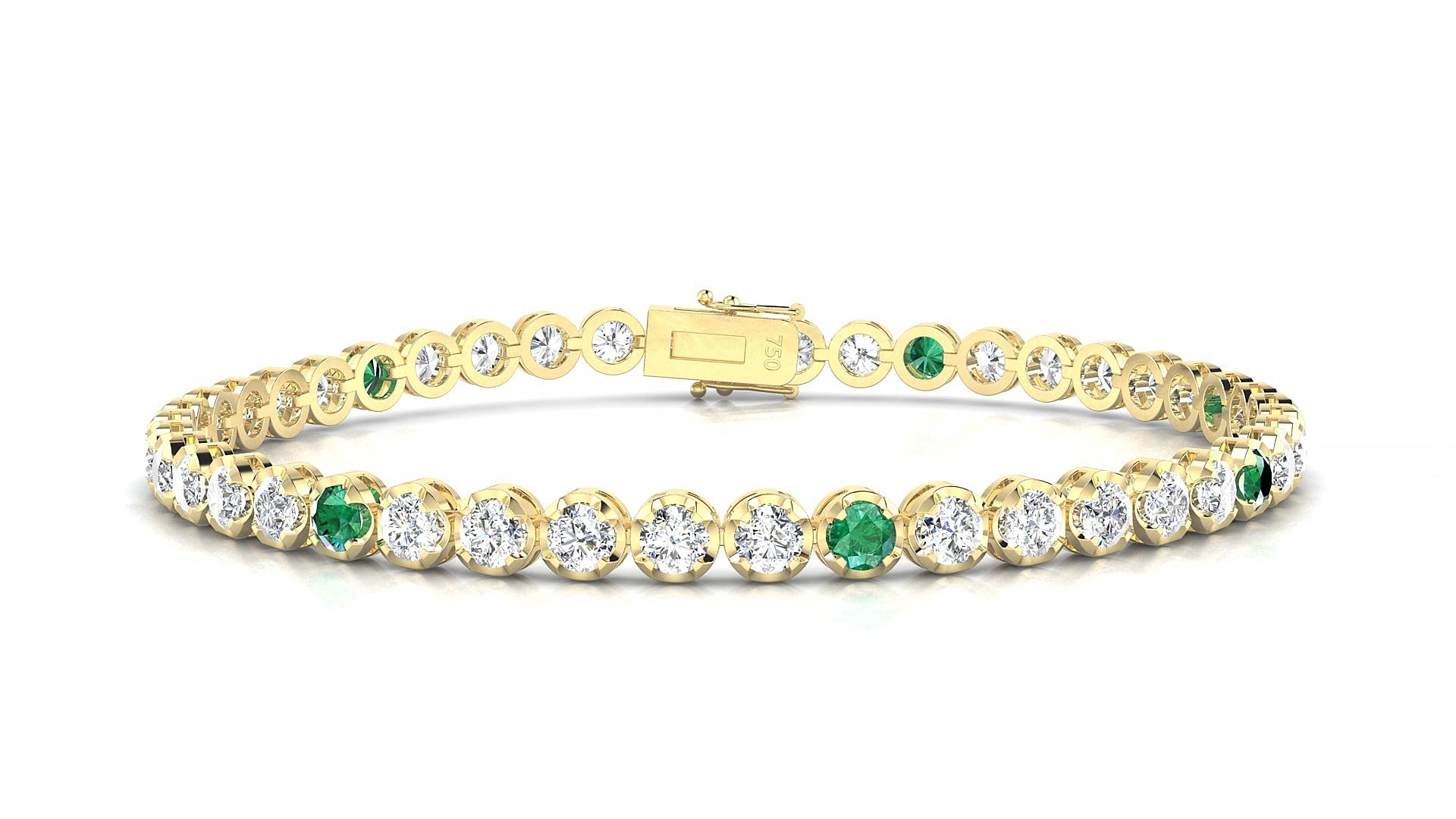 Bengal 1-5 | 18k Yellow Gold 3 mm Round Natural Emerald & Diamond 15 cm Tennis Bracelet