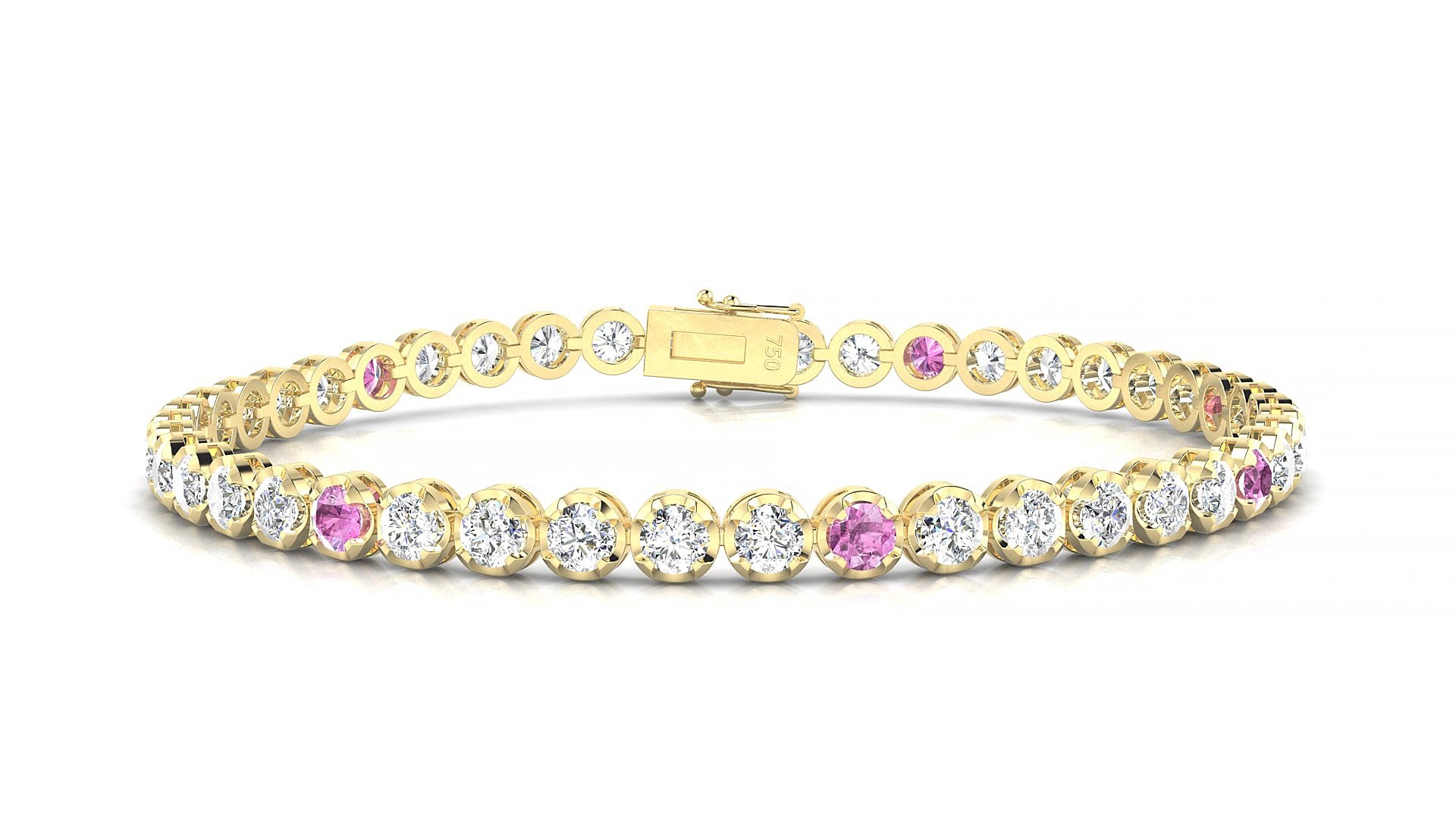 Bengal 1-5 | 18k Yellow Gold 3 mm Round Natural Pink Sapphire & Diamond 19 cm Tennis Bracelet