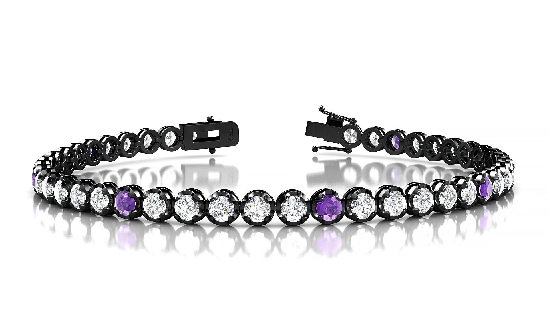 Bengal 1-5 | 18k Black Gold 3 mm Round Natural Amethyst & Diamond Tennis Bracelet